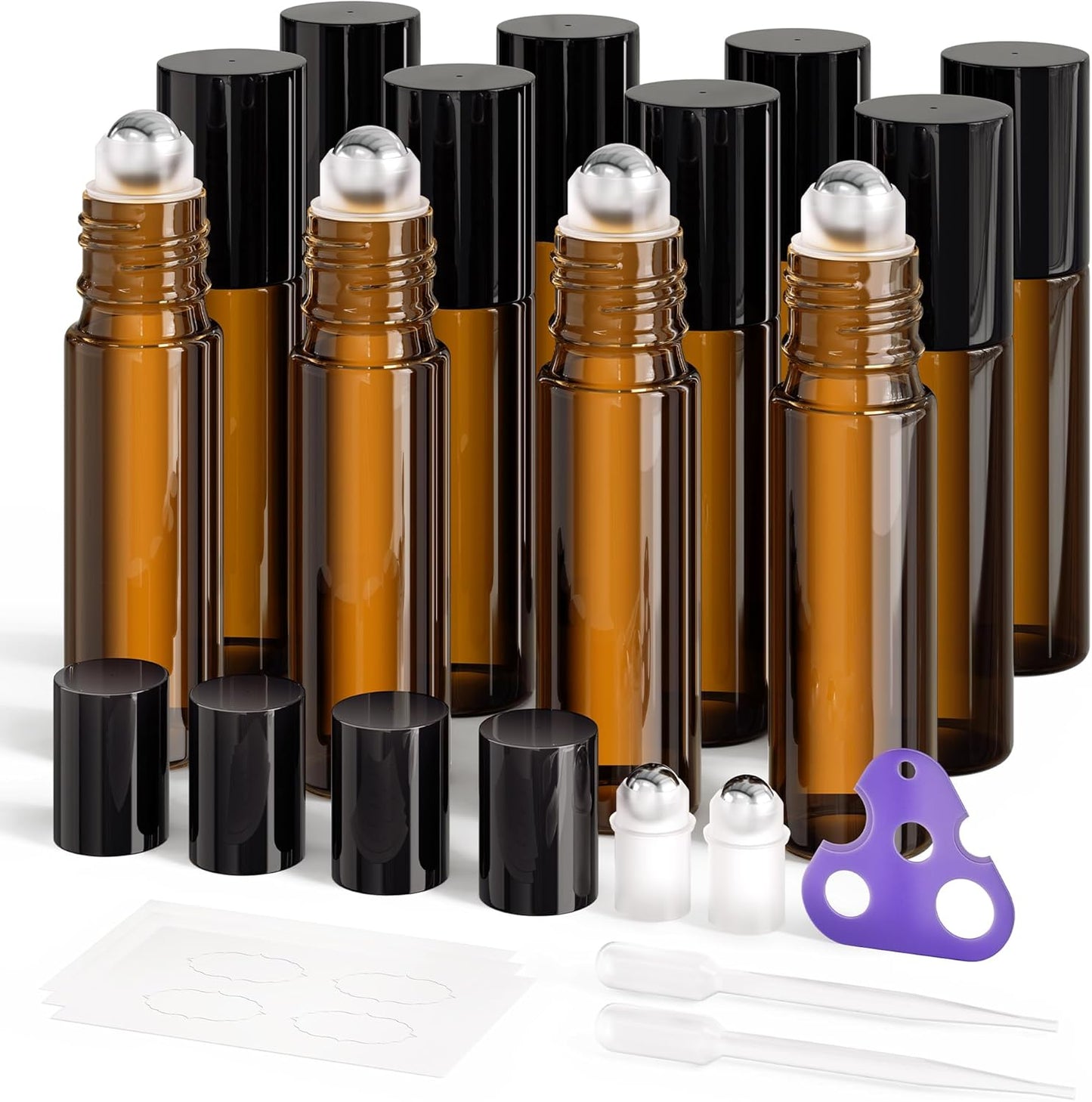 Essential Oil Roller Bottles - 48-Pack 10ml Amber Glass with Stainless Steel Roller Balls | Waterproof Labels
