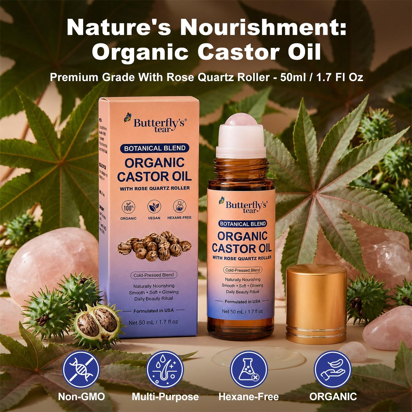 BUTTERFLY'S TEAR Organic Castor Oil with Rose Quartz Roller,100% Pure Cold-Pressed, Organic Castor Oil Roll On Rose Quartz,Hexane-Free,50Ml