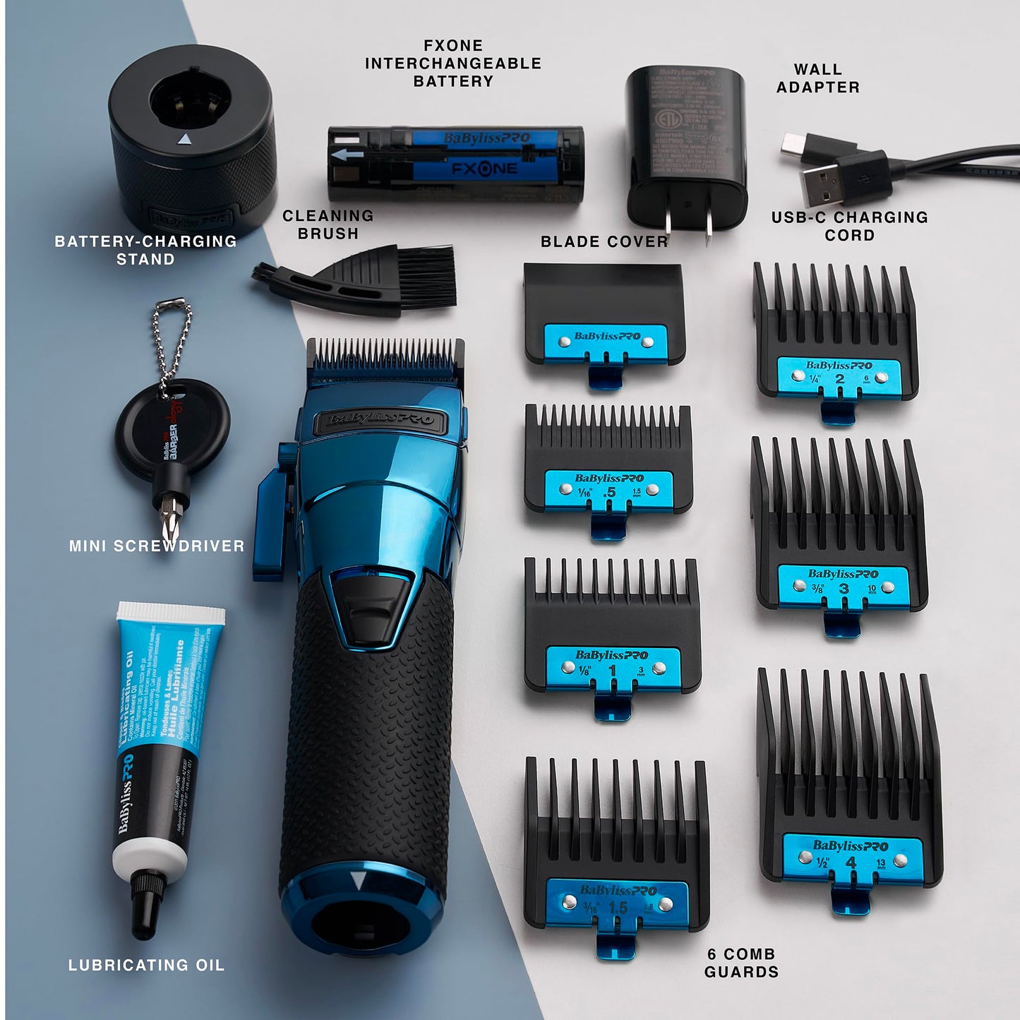 BaBylissPRO FXONE Professional Cordless Clipper in Blue - Beard Trimmer for Men, Professional Stylist & Barber Clippers, USB-C Cordless Hair Clippers for Men