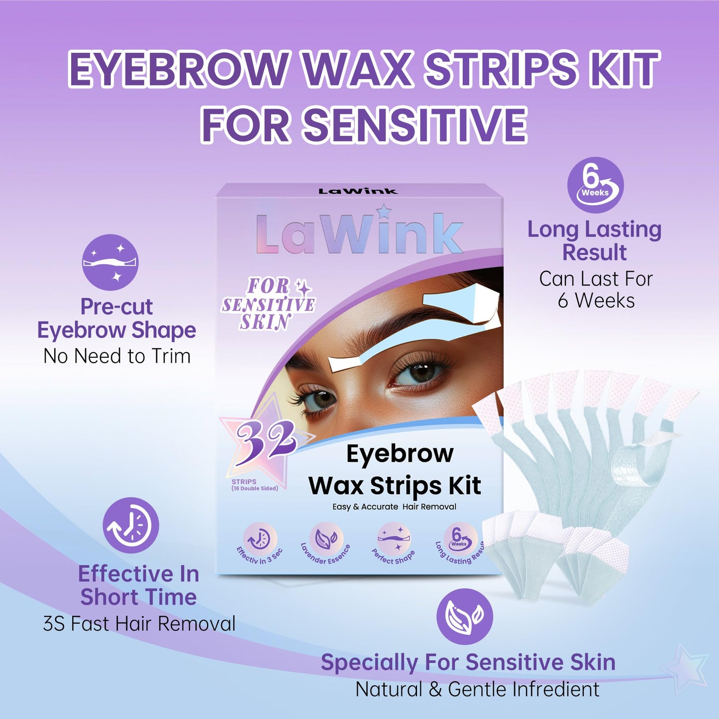 LaWink Eyebrow Wax Strips for Women, At Home Waxing Kit with 32 Strips & 4 Calming Wipes, Hand-Warmable Cold Wax for Brows & Lip, Gentle Formula for Sensitive Skin