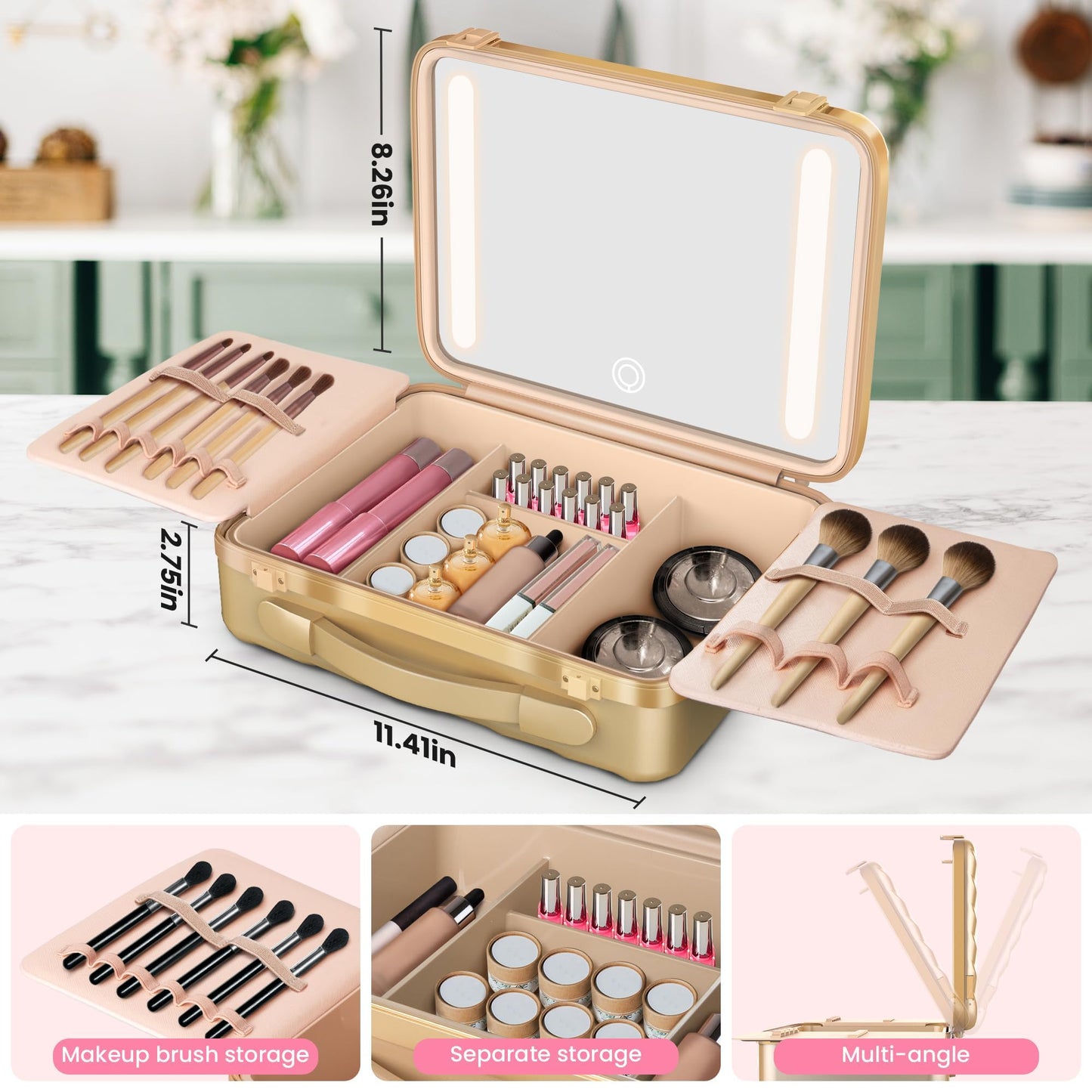 EASYINBEAUTY Makeup Travel Case with LED Lighted Mirror, Golden