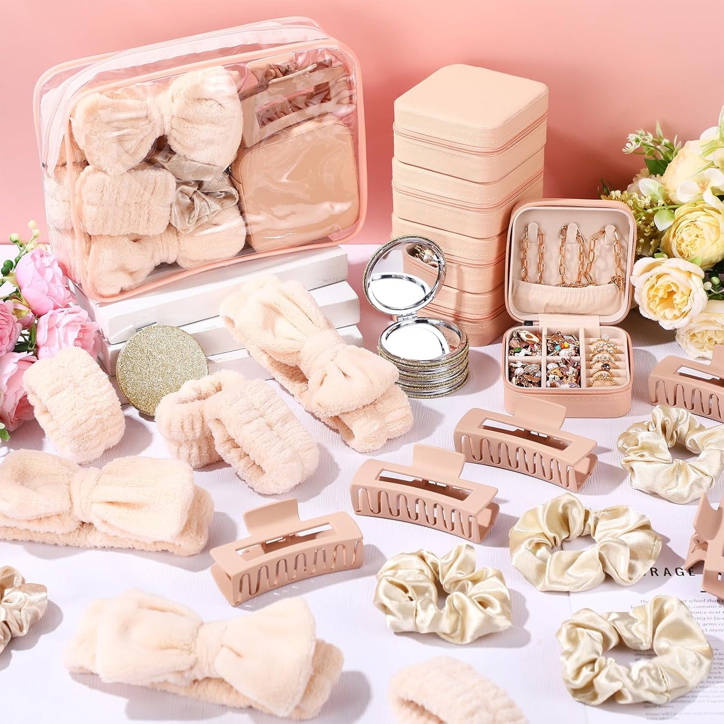 Suncalla 48 Pcs Spa Party Favors | Bridesmaid Proposal Gifts & Sleepover Supplies - Bow Headbands, Scrunchies, Jewelry Case, Makeup Bag, Mirror - Beige
