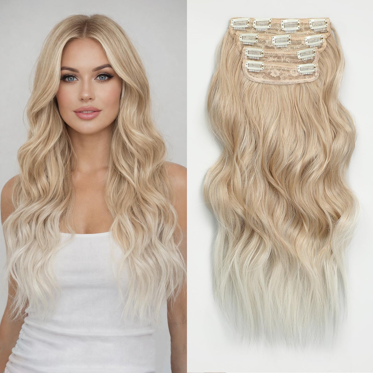 NAYOO Ombre Platinum Blonde Clip in Long Wavy Hair Extensions for Women 4PCS Curly Synthetic Thick Hairpieces with Fiber Double Weft Hair Full Head（20 inch, Ombre Platinum Blonde）