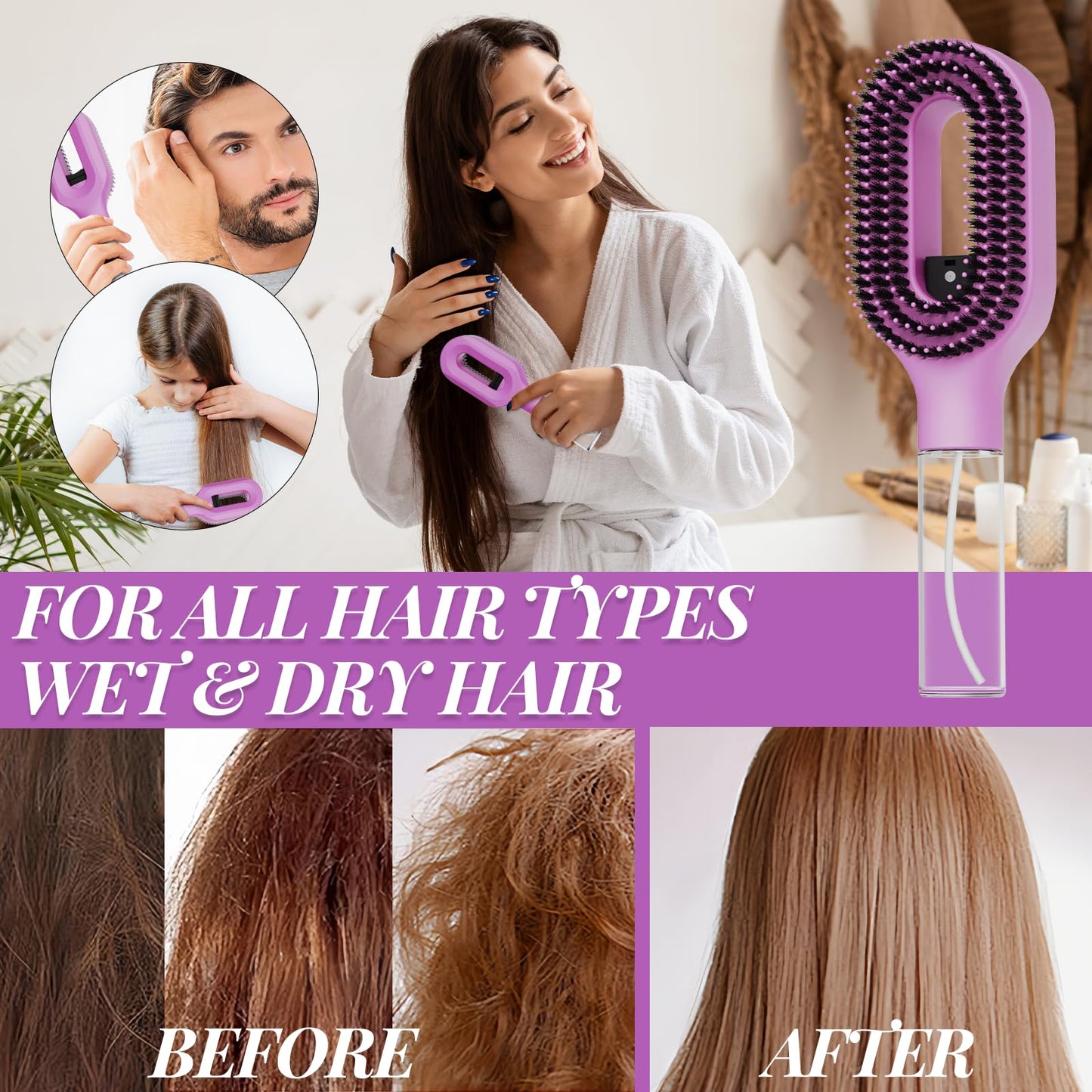 2-in-1 Misting Hair Brush with Built-In Water Spray, Fine Mist Detangling Hairbrush for Curly, Thick & Wavy Hair, Anti-Frizz Wet & Dry Styling Tool with Refillable Reservoir(1, Purple)