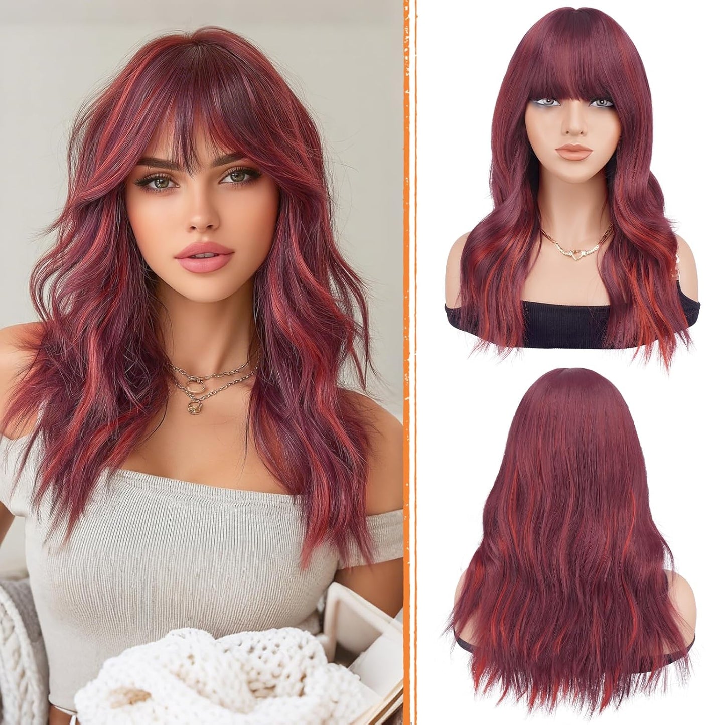 Brown Wigs with Bangs - 19 Inch Natural Wavy Synthetic Heat Resistant Hair for Women | Blonde Mixed Brown