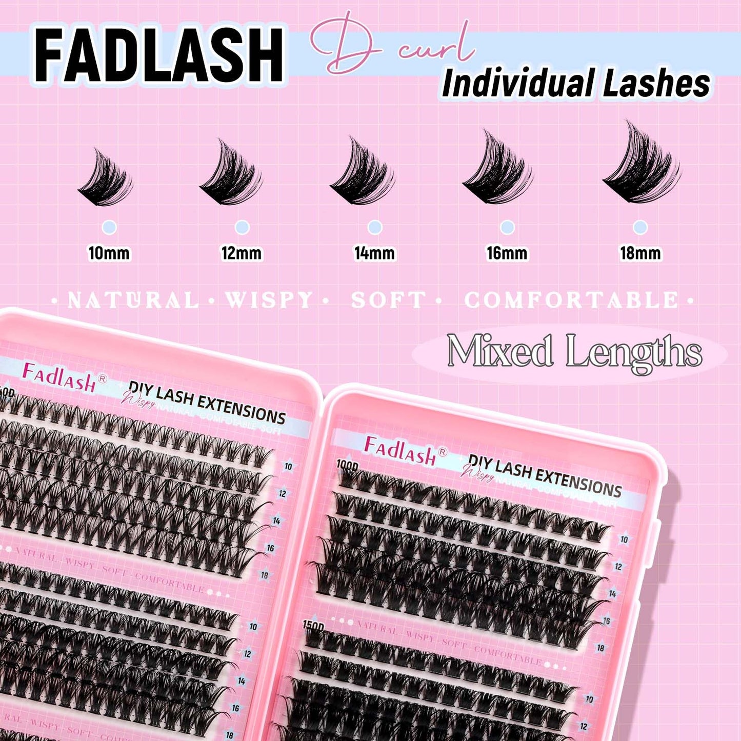 Lash Clusters Eyelash Extensions 40D+60D+80D+100D+150D+200D D Curl Fluffy Eyelash Clusters 10-18mm Natural Wispy Cluster Eyelash DIY Individual Lashes Extensions for Beginners by FADLASH