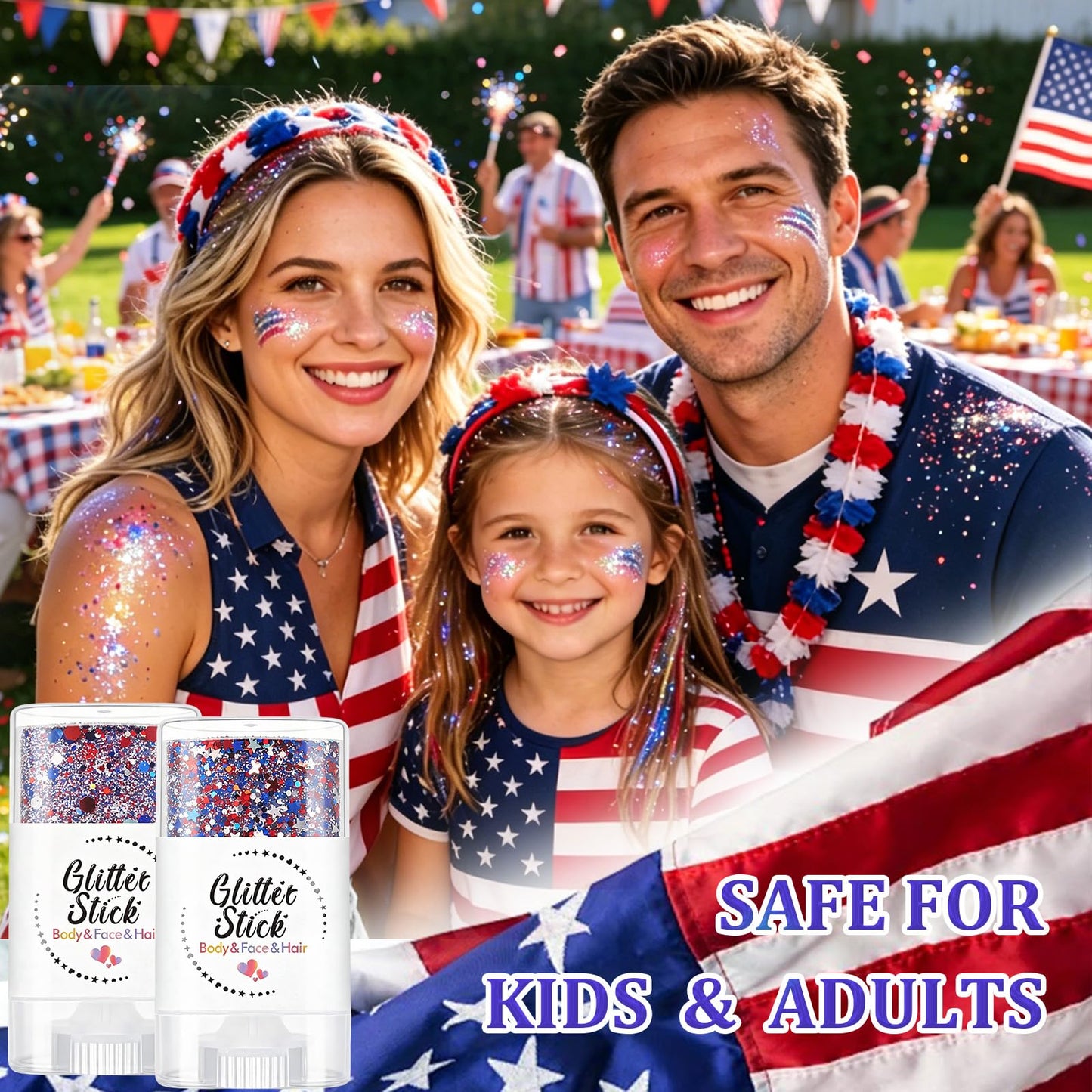 2PCS Red White and Blue Hair Glitter Stick, 4th of July USA Flag Face Body Glitter, Waterproof Patriotic Makeup for Independence Day & Football Game, Sparkling Face Paint for Women