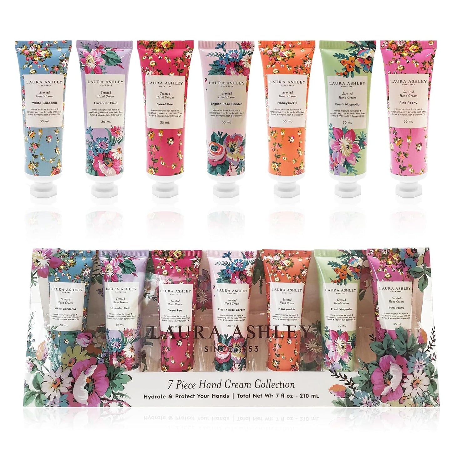 Laura Ashley Hand Cream Set | 7-Piece Moisturizing Lotion Collection for Dry Skin - Travel Size 30ml Each with Rose, Lavender & Floral Scents