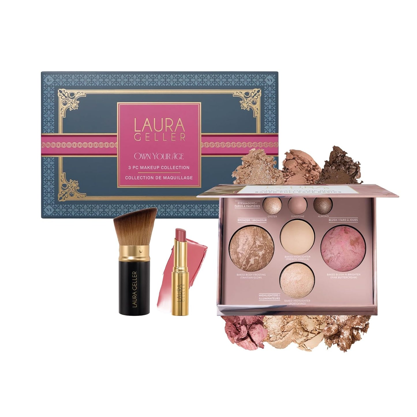 Laura Geller Own Your Age Makeup Collection - All-in-One Face Palette, Hydrating Lip Balm & Travel Kabuki Brush | Gift Set