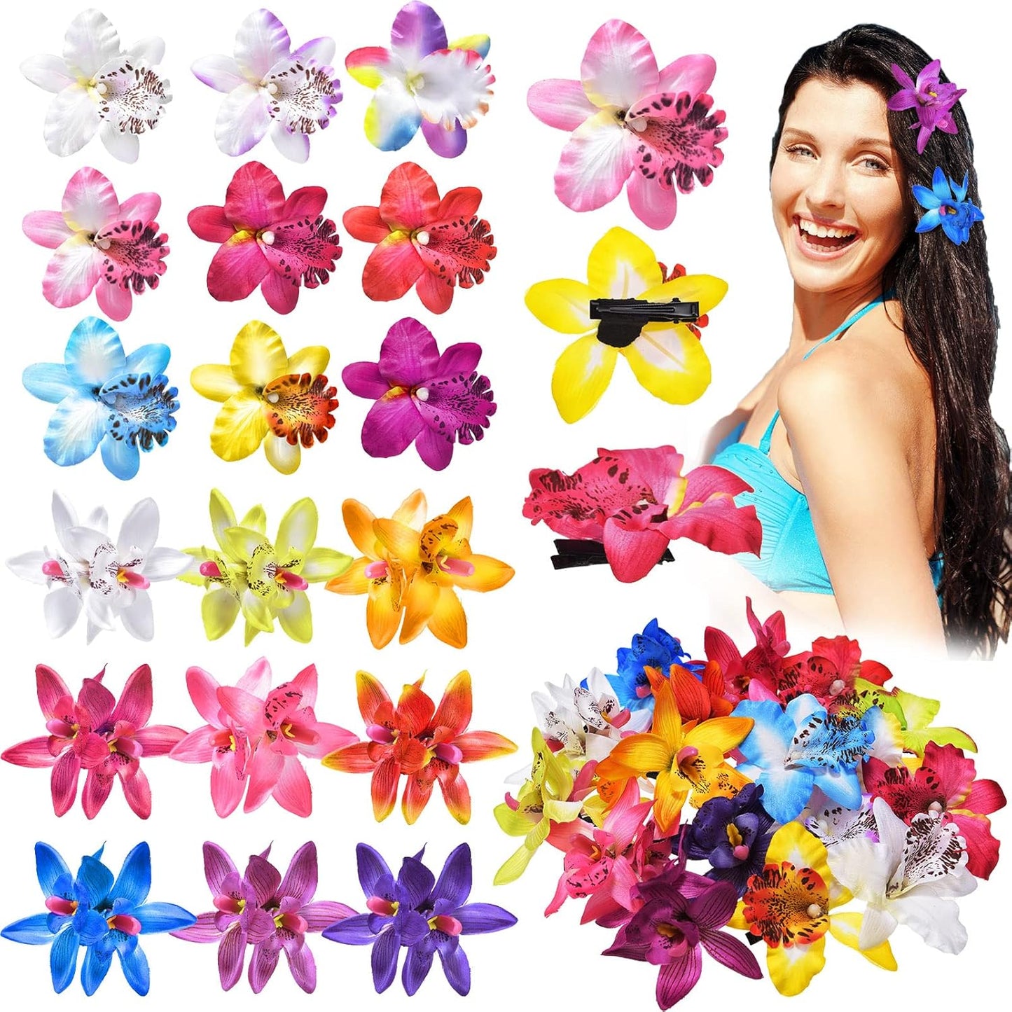 Hawaiian Flower Hair Clips - 18 Pcs Tropical Hibiscus Hair Pins | Double Chiffon Bridal Accessories