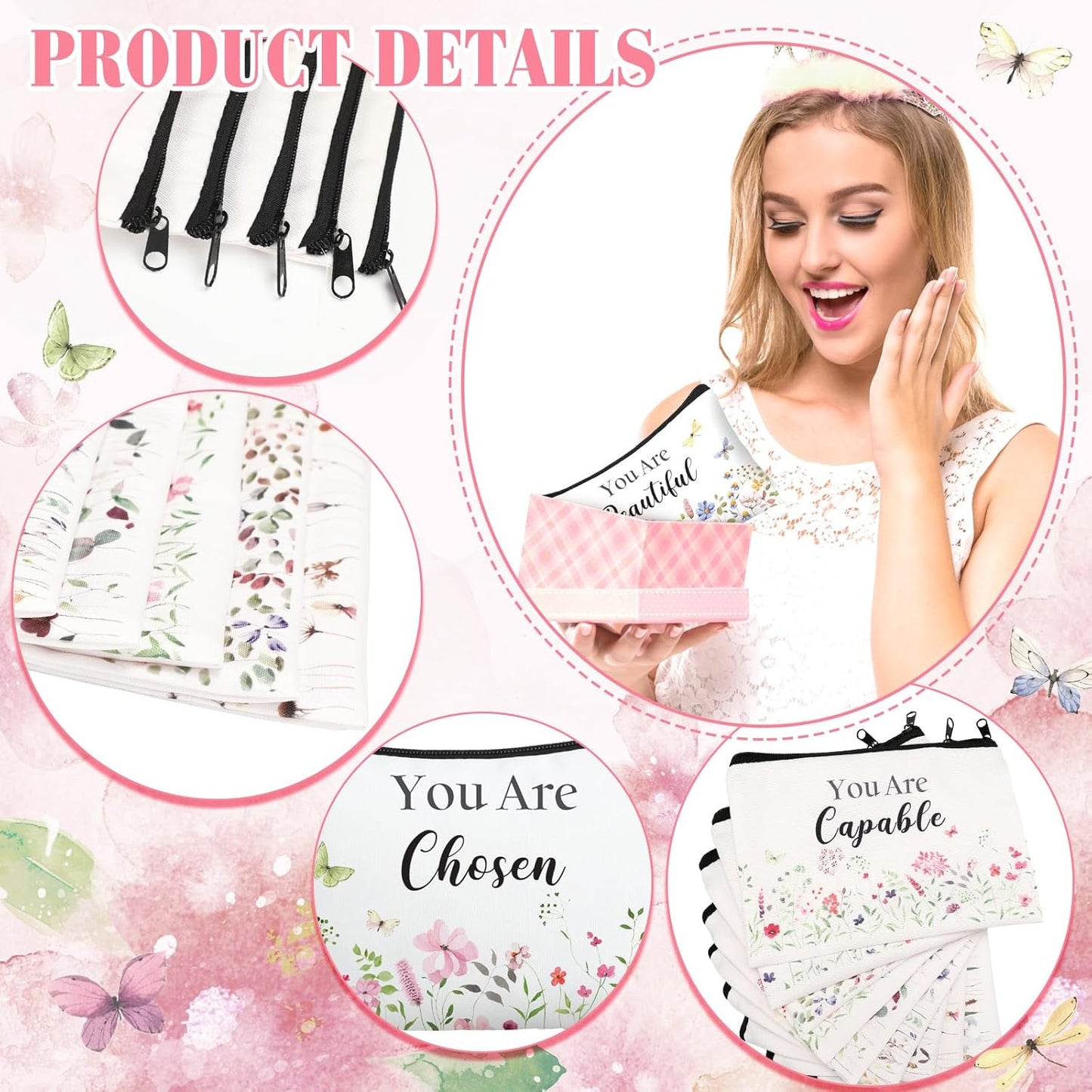 Inspirational Cosmetic Bag Set - 10 Pcs Religious Makeup Pouches for Women | Wildflower & Beige