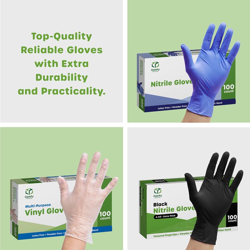 Comfy Package Synthetic Vinyl Disposable Gloves [100 Count] Powder & Latex Free, Non-Sterile, Blue Plastic Gloves for Cleaning, Food Prep & Household Use