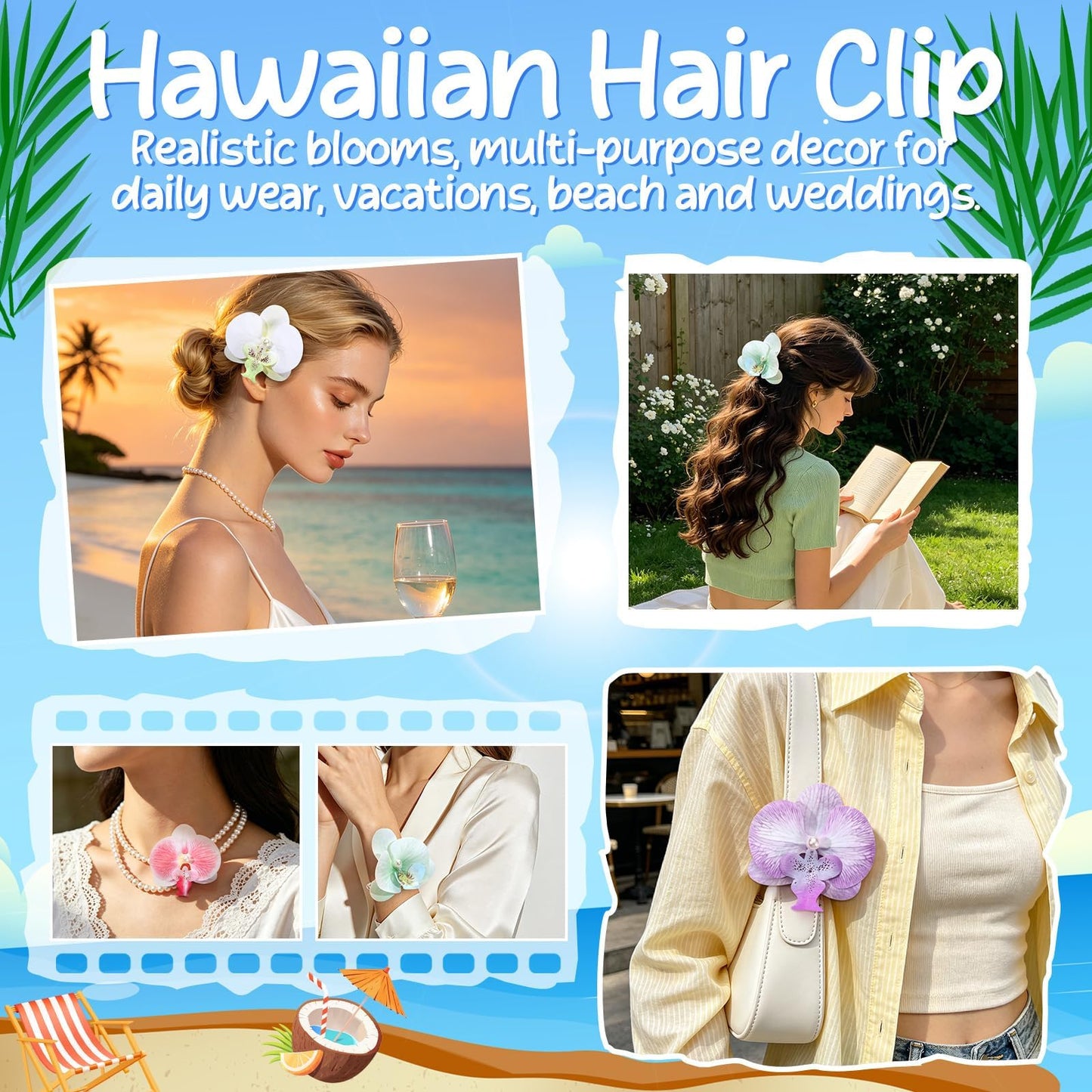 10 Pcs Hawaiian Flower Hair Clip for Women, 2 Styles Orchid Hair Clips Tropical Flower Hairpin Artificial Flower Hair Accessories for Vacation Beach Seaside Wedding