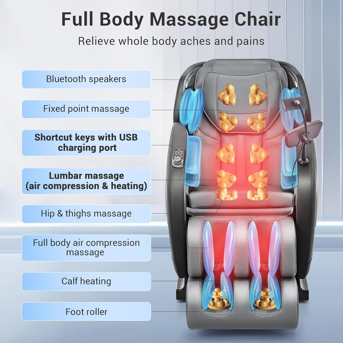 Zero Gravity Shiatsu Massage Chair - Full Body Relaxation with LCD Screen, USB Charging, Heat | Black