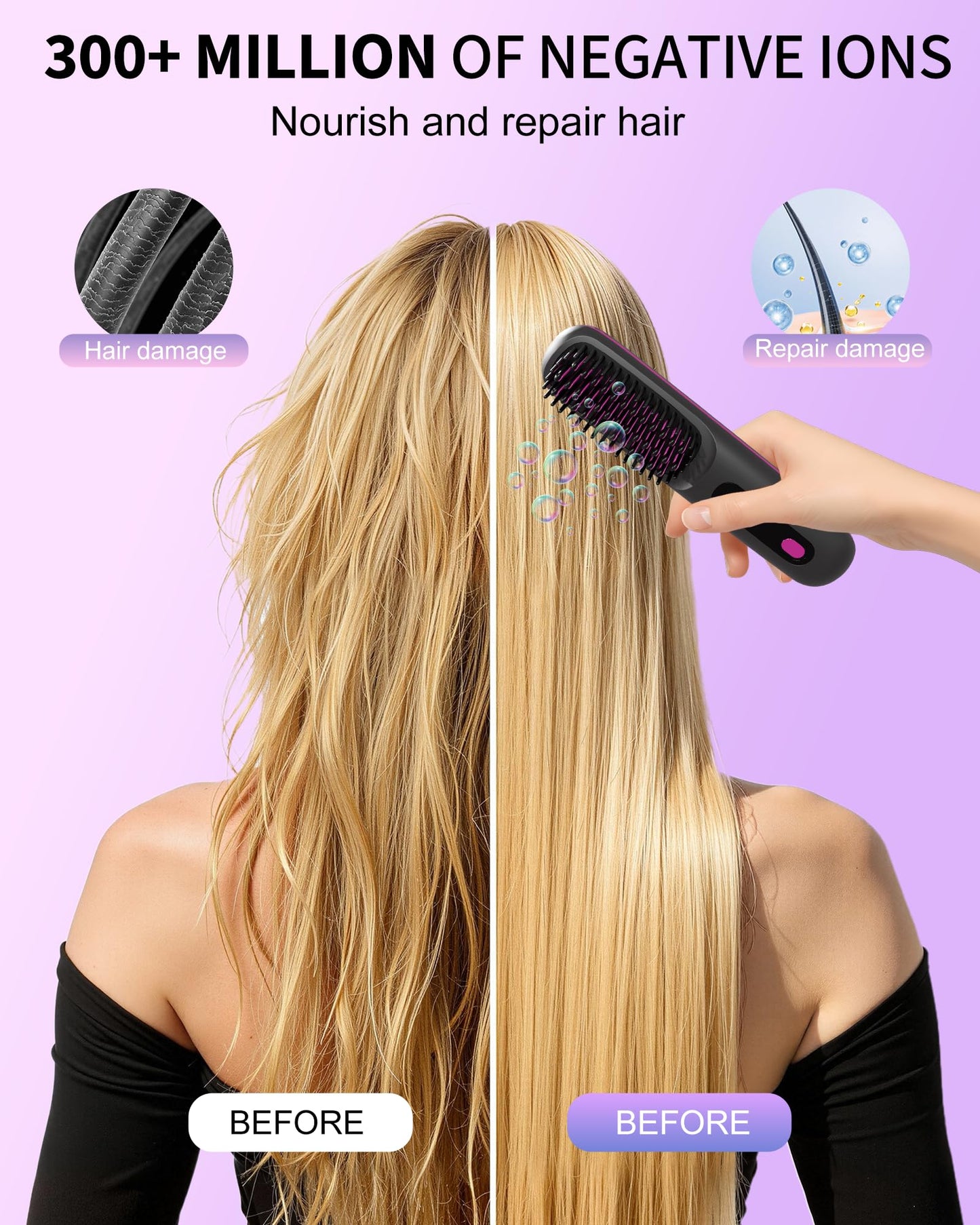 Go Brush Pro 2026 for Short Hair, Portable Straightener Brushs for Travel, with LCD Temperature Display, Fast Heating Cordless Mini Hair Brushs (Pink)
