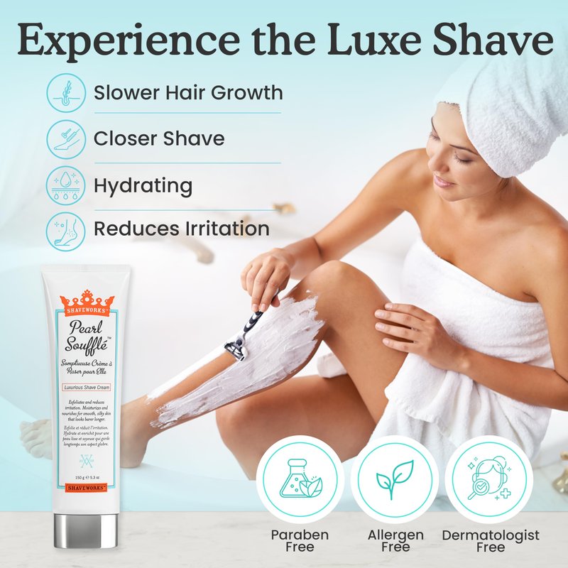 Shaveworks Shaving Cream for Women 5.3 Oz Pearl Soufflé: Exfoliates, Moisturizes, Reduces Irritation, and Minimizes Future Hair Growth – Womens Bikini Shave Sensitive Skin Areas