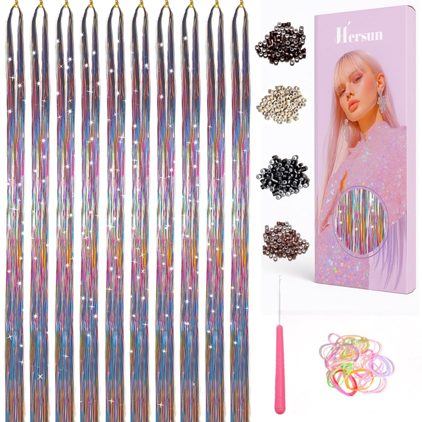 Hersun Hair Tinsel Kit - 10 Colors, 3200 Strands, 48in | Heat-Resistant Fairy Hair Extensions for Parties & Festivals