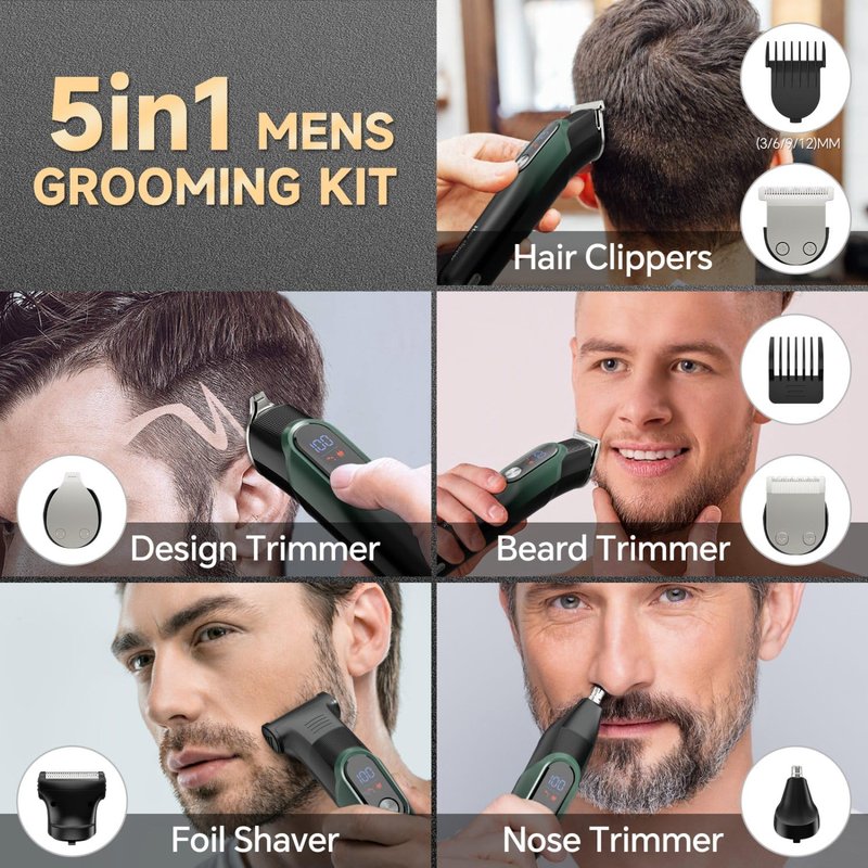 SilkGlow Beard Trimmer for Men, 5-in-1 Cordless Electric Razor for Nose Body Face Mustache, Professional Hair Clippers Shavers Grooming Kit, LED Display, Travel Lock, Gifts for Men