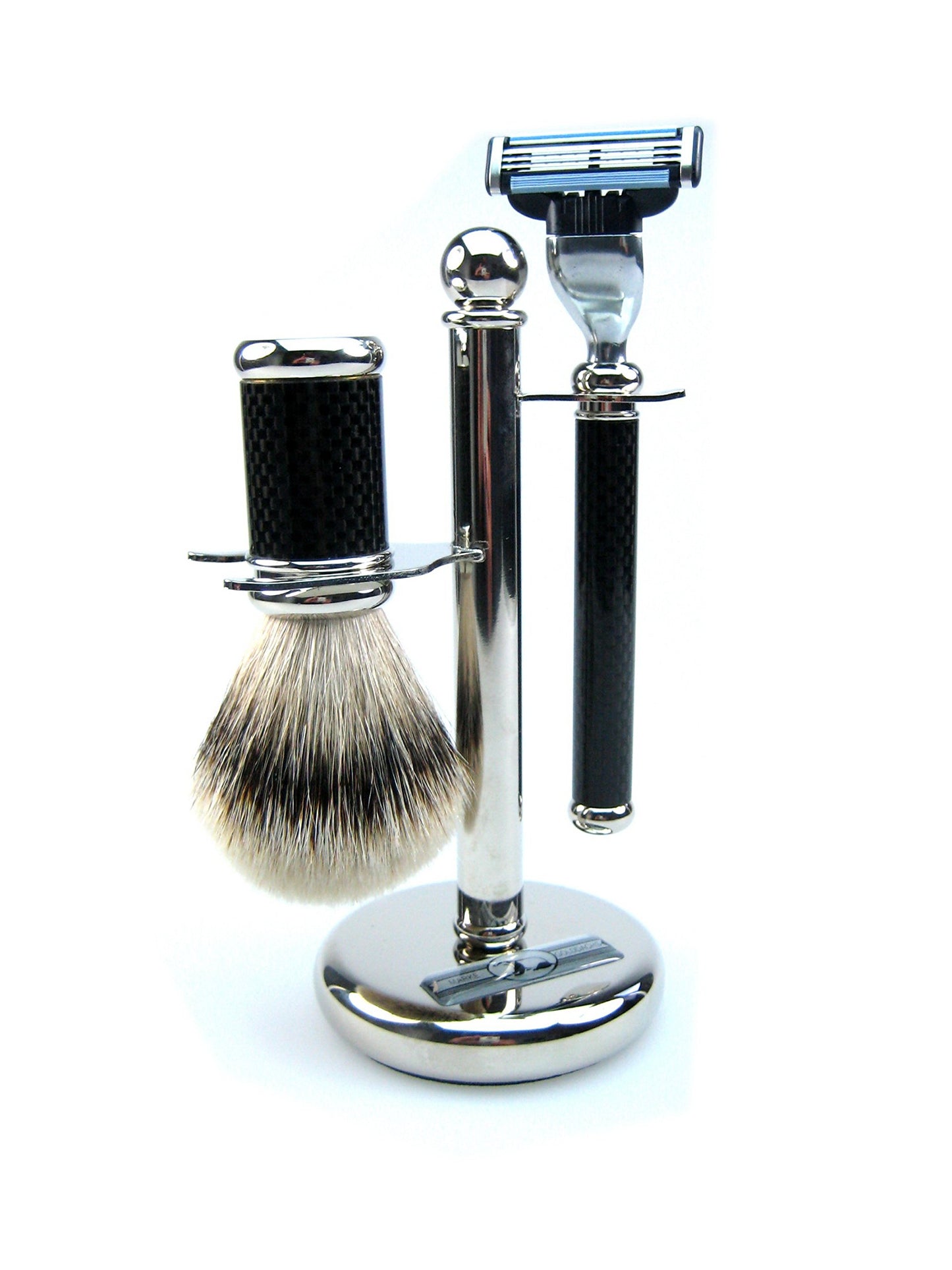 Golddachs Germany Shaving Set, Mach3 Handle, Finest Badger Brush, Carbon Optic, Stand, Made In Germany, 3 Piece