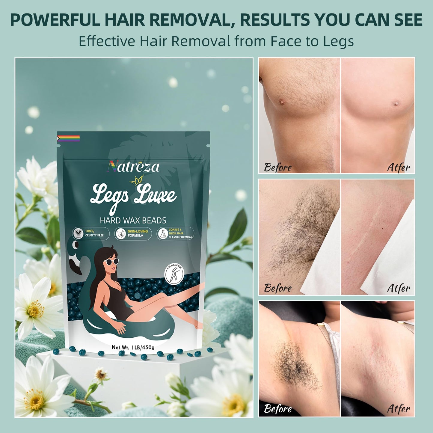 Natreza Wax Beads for Hair Removal, 1lb Hard Wax Beans for Full Body, Brazilian, Bikini, Legs, Arms, Face, Thick Hair Formula, Waxing Beads for Women & Men, Dark Green