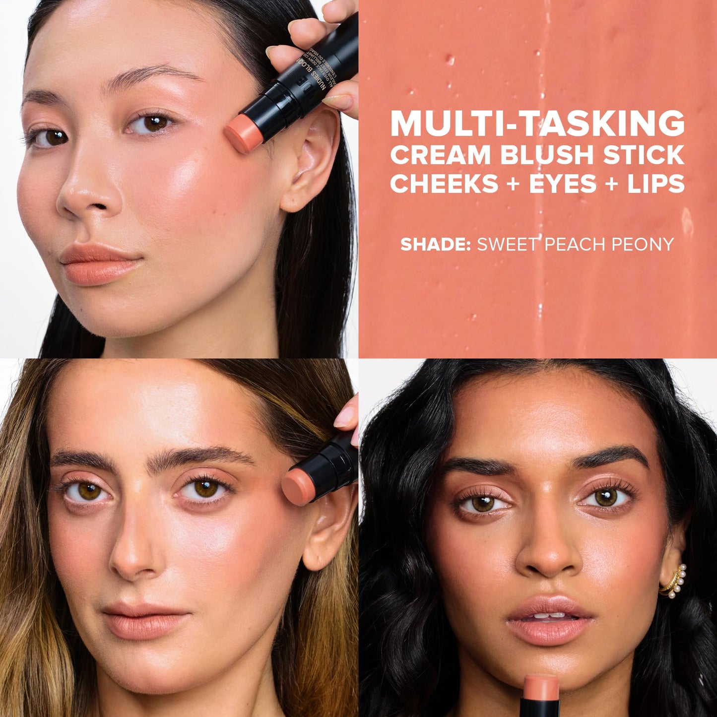 Nudestix Nudies Bloom All Over Dewy Color – 3-in-1 Cream Blush Stick for Cheeks, Eyes & Lips with Built-In Brush | Sheer, Glossy Finish | Vegan, Long-Wear, Multi-Use Makeup (Sweet Peach Peony)