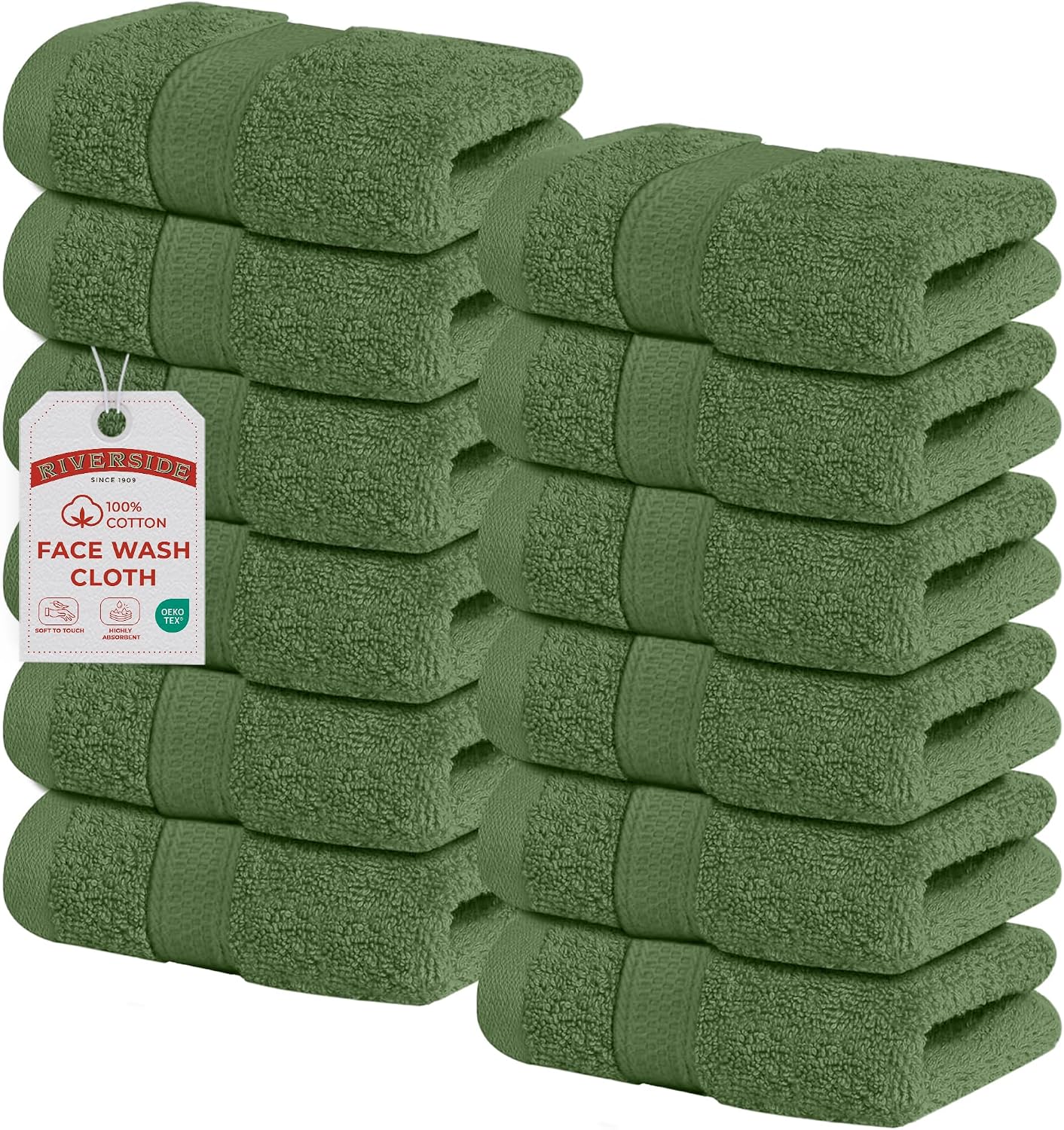 Riverside 12-Pack 100% Cotton Hunter Green Face Towels - Super Soft, Absorbent Washcloths for Bathroom, Spa & Gym | 12x12 Inches