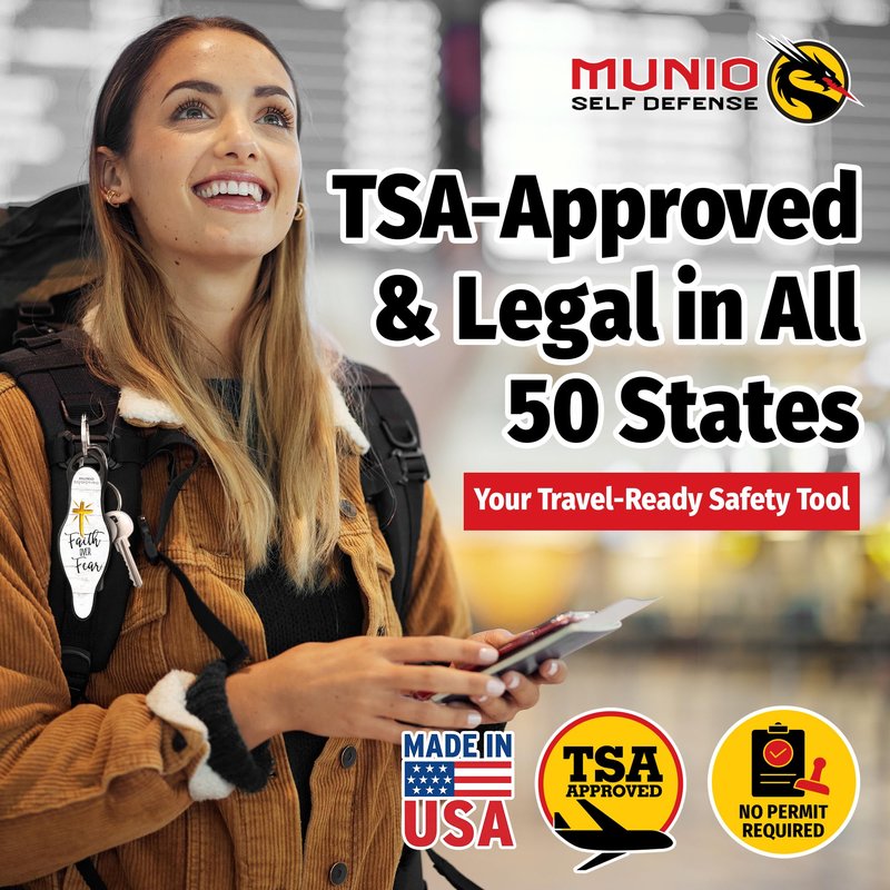MUNIO Self Defense Keychain – Lightweight, Stylish & Portable Safety Tool for Women & Men – Non-Lethal Kubotan, Easy to Use, TSA Approved – Made in USA – Faith Over Fear Design