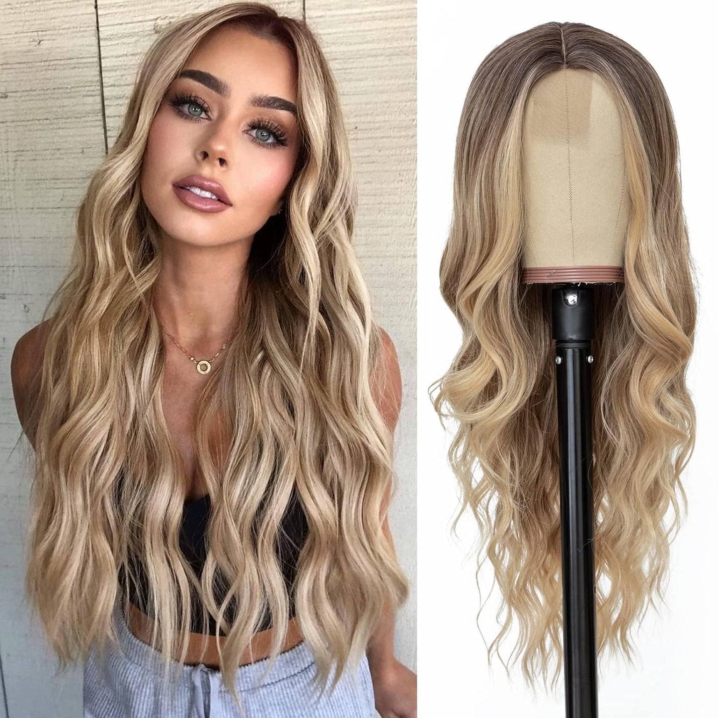 NAYOO Brown Wigs for Women - Long Curly Wavy Hair | Heat Resistant Synthetic Fiber, 24 Inches