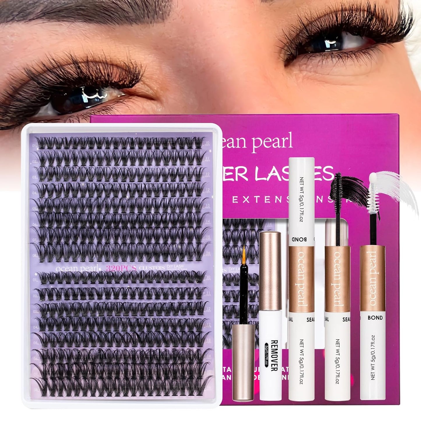 Ocean Pearl Lash Clusters - 320 Pcs 11-20mm Eyelash Extension Kit | 40D, 50D, 100D with Adhesive & Tweezers
