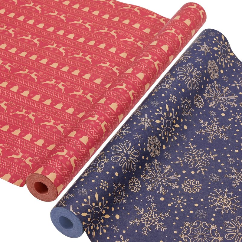 AhfuLife 2 Rolls Christmas Wrapping Paper - 17 Inch × 49.2 Feet Per Roll, Recyclable Blue Red Kraft Xmas Wrapping Paper Roll for Christmas Gift Box Birthday Party Decoration -138 sq. ft. ttl