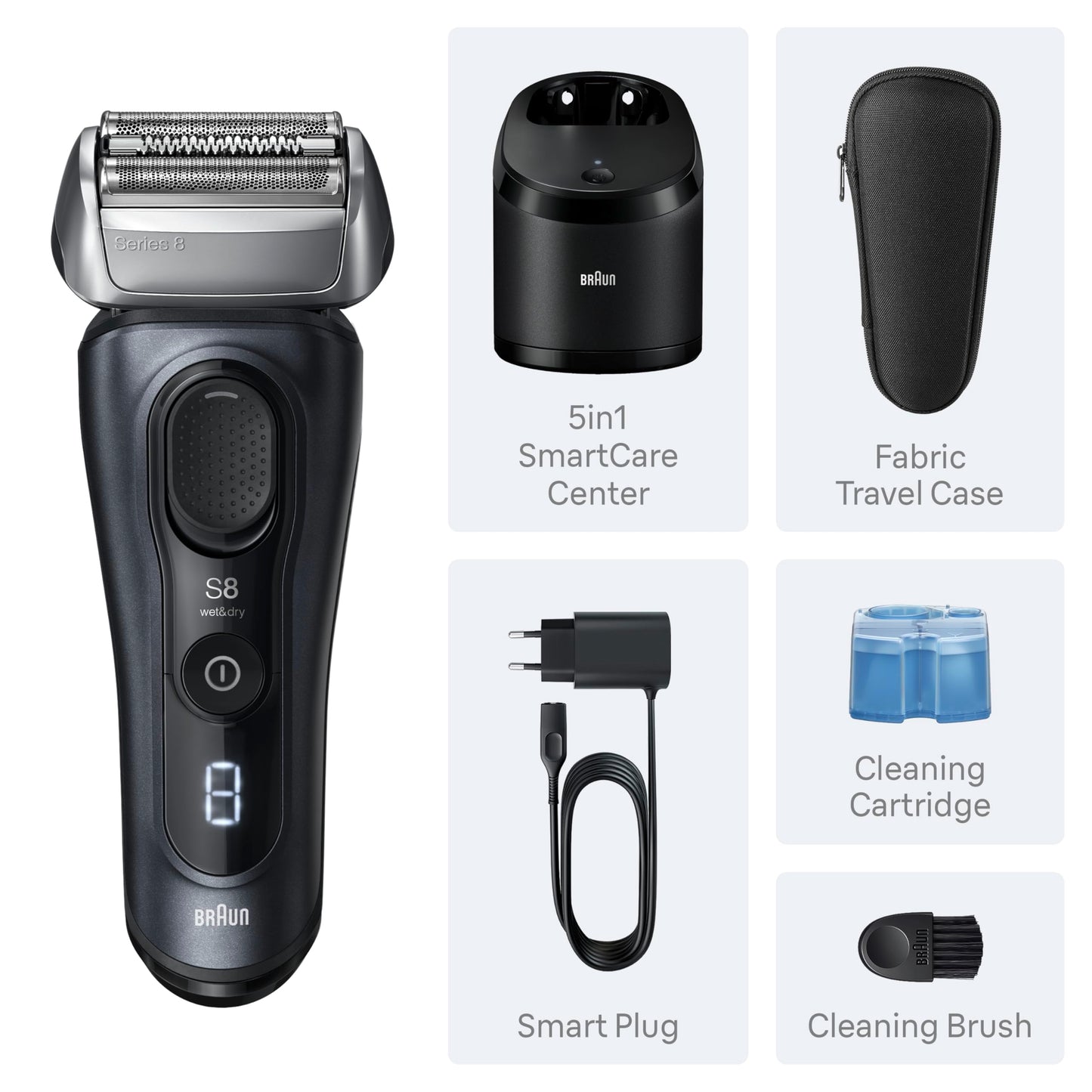 Braun Series 8 Electric Shaver for Men, Wet & Dry Foil Razor, 5-in-1 SmartCare Clean & Charge Center, Built-in Precision ProTrimmer, Travel Case, Dark Blue 8560cc