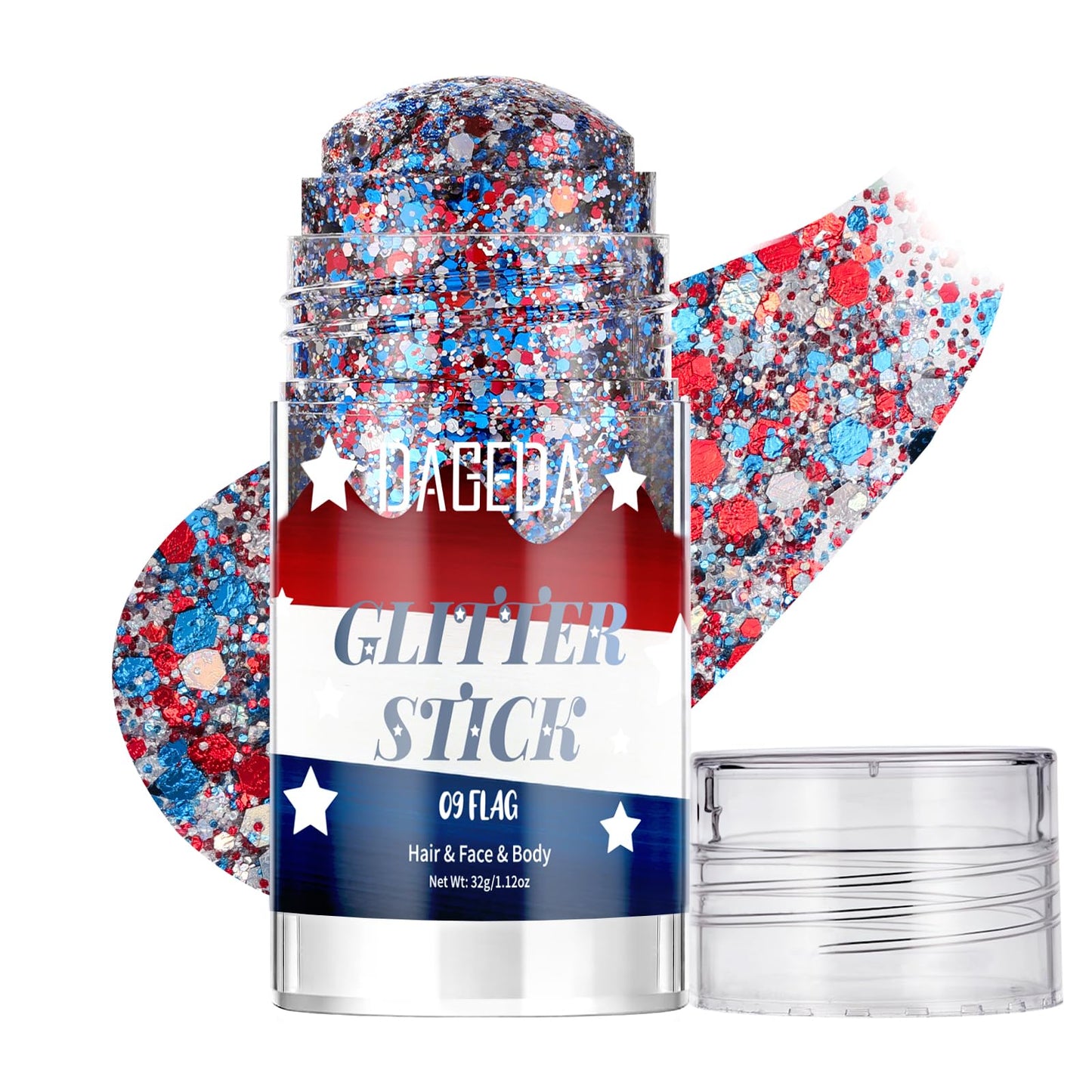 DAGEDA Red White Blue Body Glitter Stick,4th of July Accessories Hair Face Glitter Makeup for Women,Sparkle Patriotic Glitters Face Paint Stick,Memorial Day Fourth of July Outfits for Girls 1.12 oz