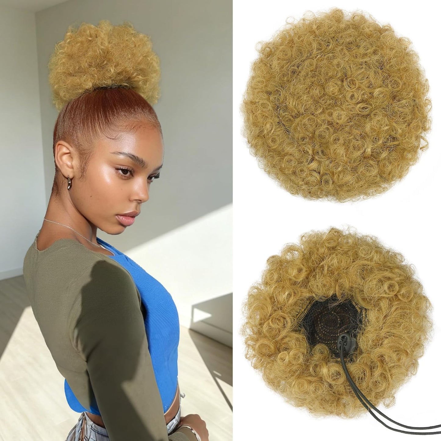 Human Hair Afro Puff Drawstring Ponytail - Kinky Curly Short Extensions for Black Women | Medium Size - 1B Natural Black