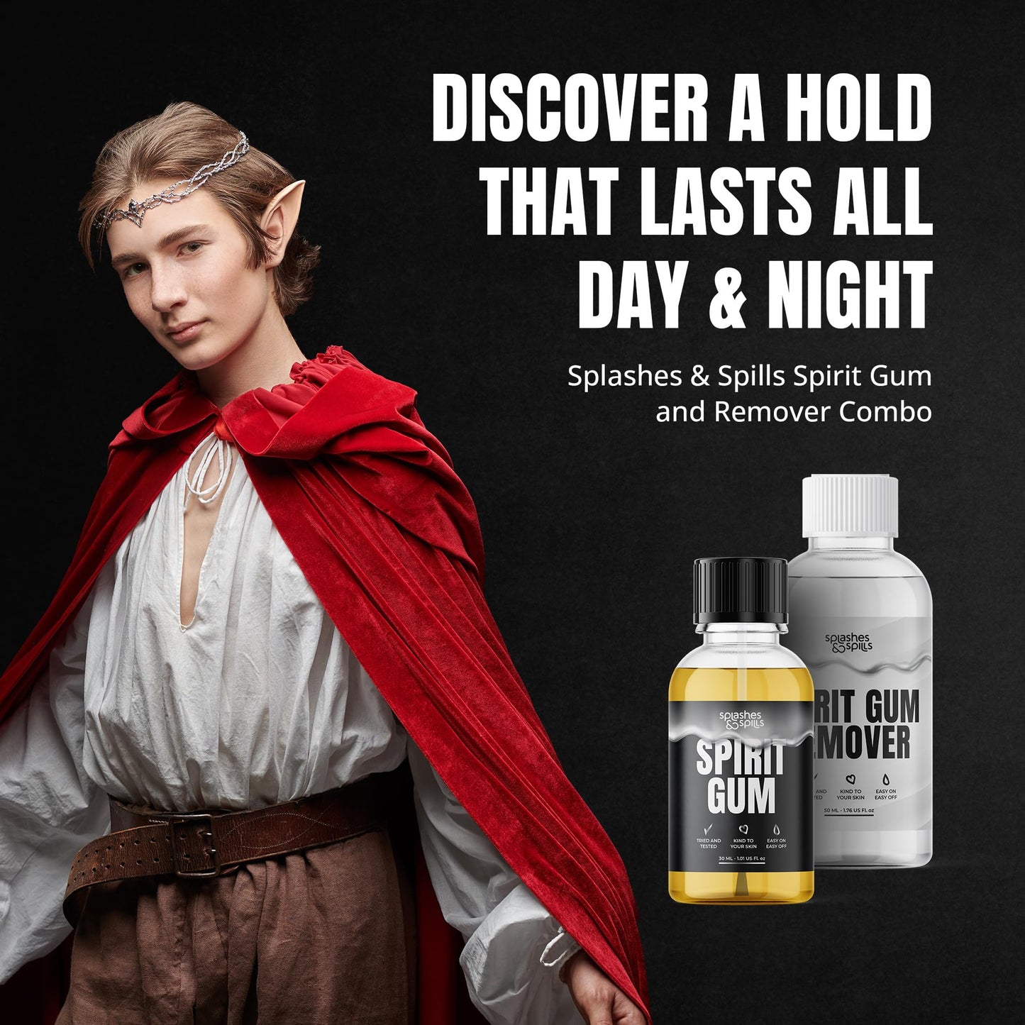 Professional Grade Spirit Gum Adhesive and Remover - SFX Skin Glue Adhesives for Halloween, Cosplay - Vegan Friendly Formulas for Show-Stopping Looks - 30ml and 50ml - Splashes & Spills