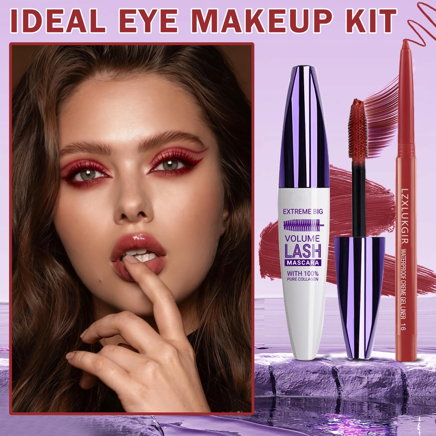 LZXLUKGIR Burgundy Mascara and Eyeliner Set,Natural Curling Red Mascara for Eyelashes,Volumizing Lengthening máscara de pestañas Waterproof,5D Colored Eye Makeup