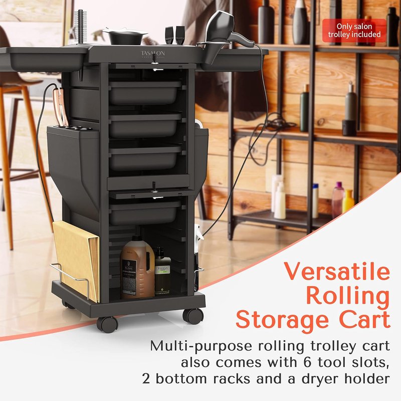 TASALON Professional Salon Trolley Cart - Lockable 6 Tray Mobile Storage for Hair Salon | Black