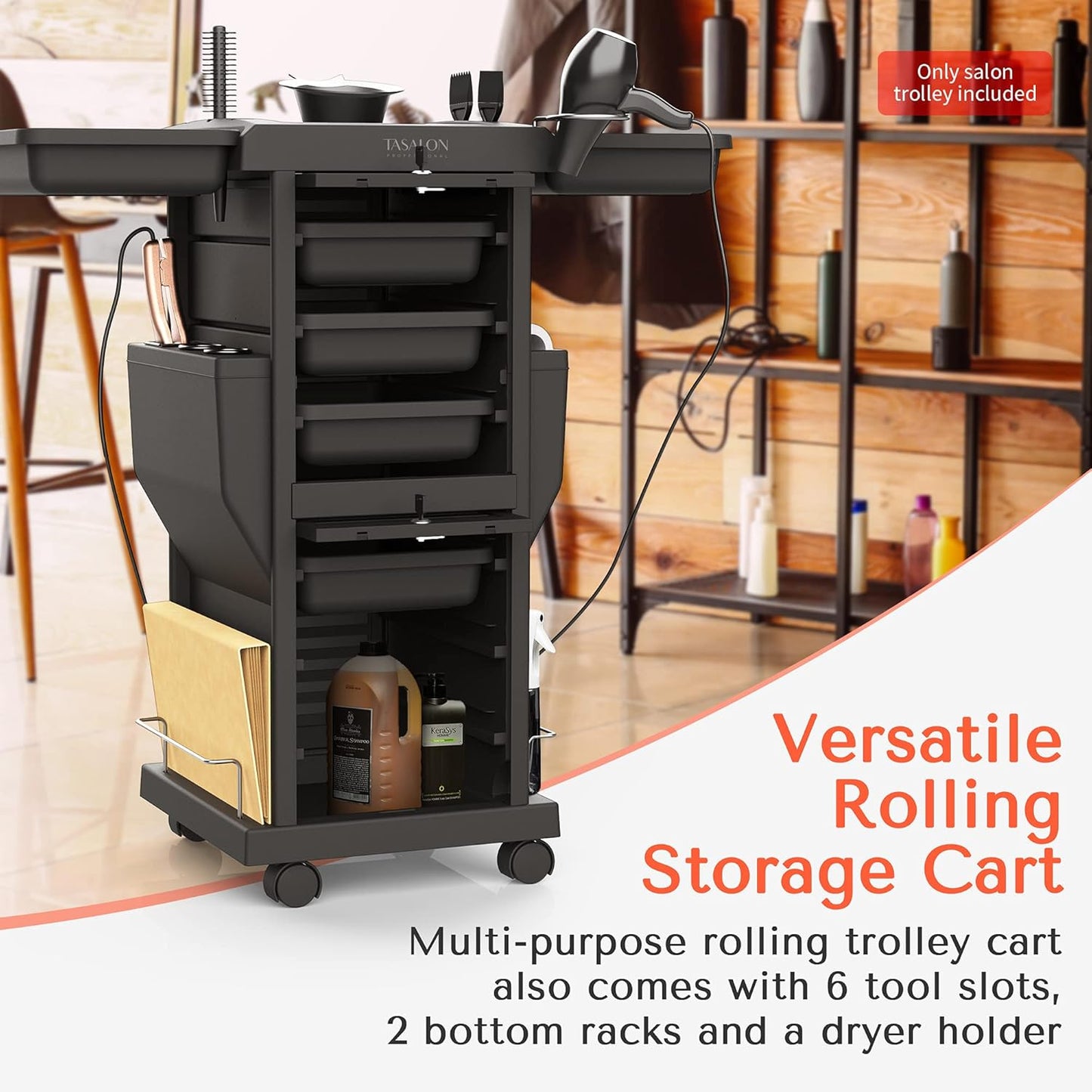 Professional Salon Trolley Cart - Lockable 6 Tray Mobile Storage for Hair & Beauty | Black