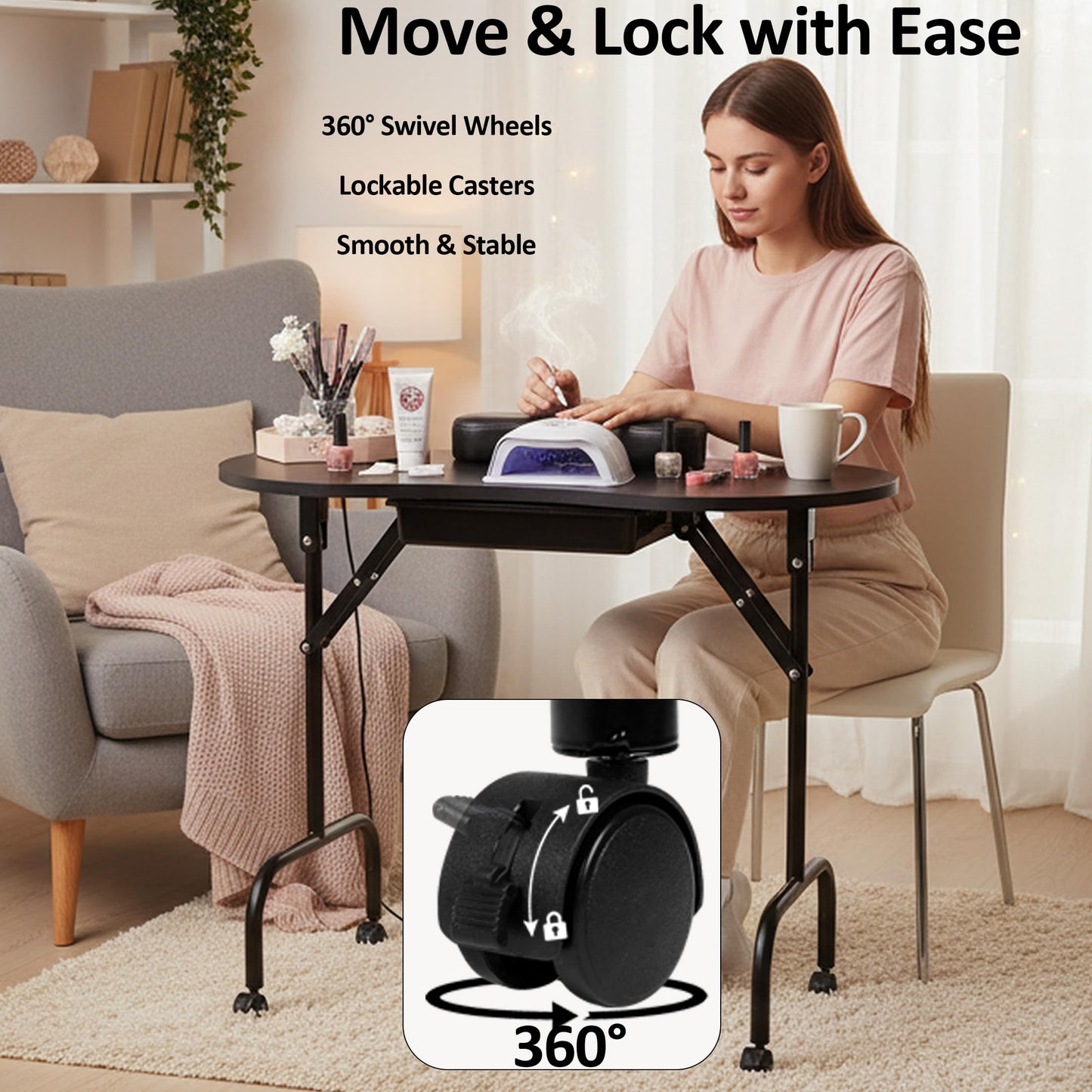 Mohzate Portable Manicure Table Foldable Nail Desk Workstation with Drawer and Wrist Rest Professional Nail Tech Table with Wheels and Carry Bag for Technician Spa Salon and Home Use