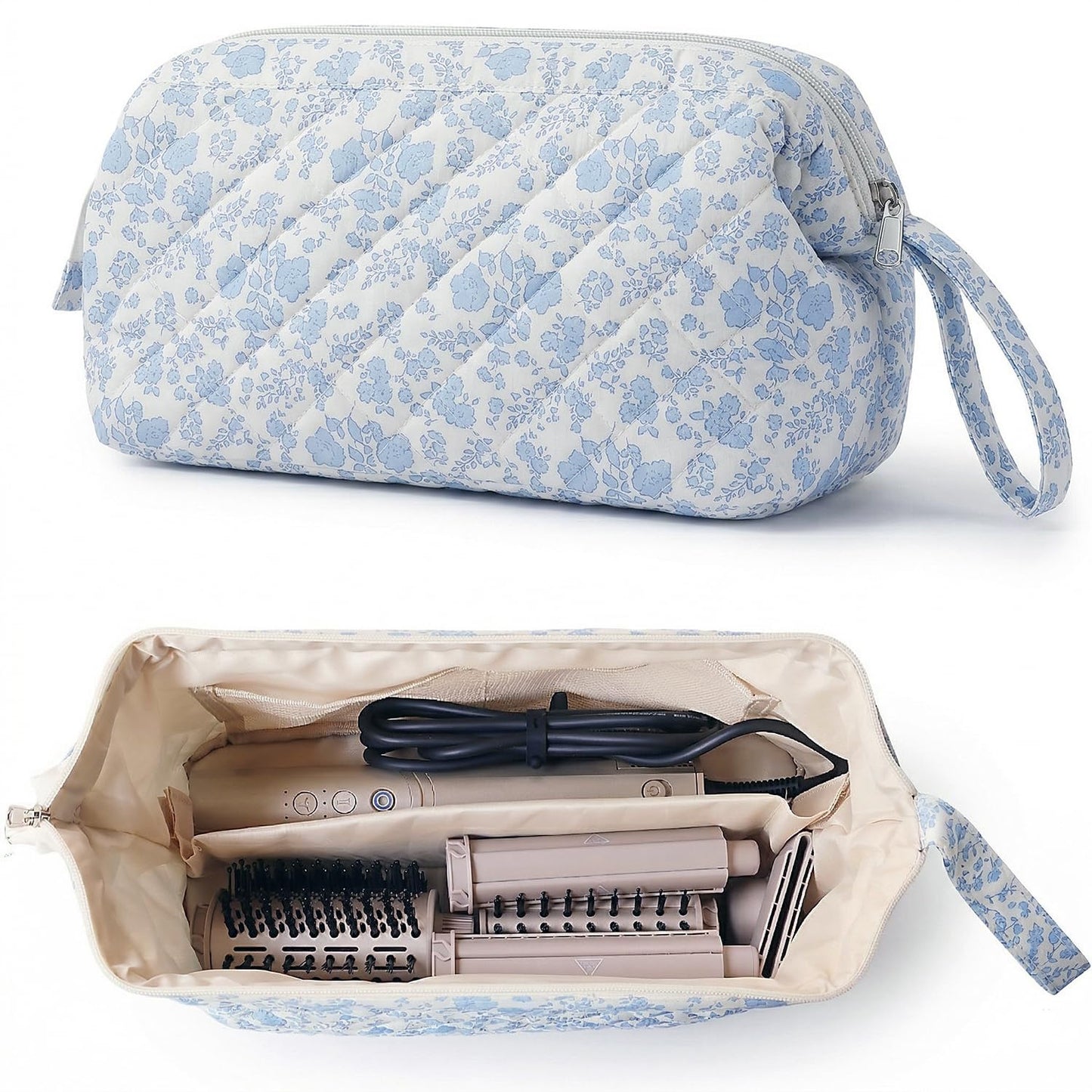 Quilted Hair Tools Travel Bag Compatible with Dyson Hair Dryer Airwrap, Floral Hair Tools Bag Compatible with Shark Flex Style Case, Hair Dryer, Curling Iron, Dustproof Travel Storage Organizer (Blue)