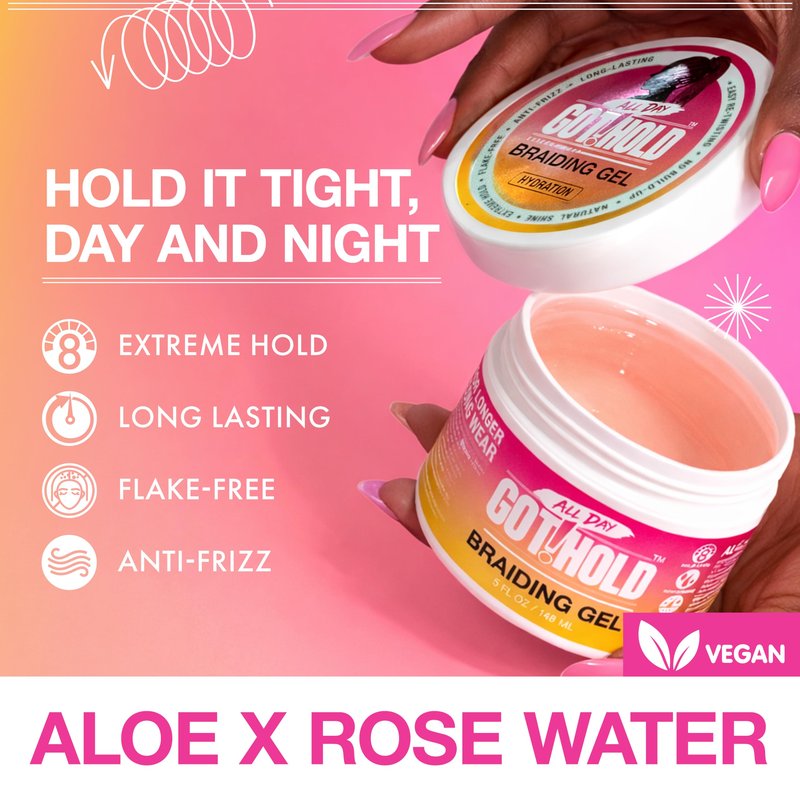 ALL DAY GOT HOLD Braiding Gel for Braids, Twists & Protective Styles (Hydration) – Strong Hold with Aloe & Rose Water – Non-Flaking Styling Gel for Natural Hair – 10 Fl Oz