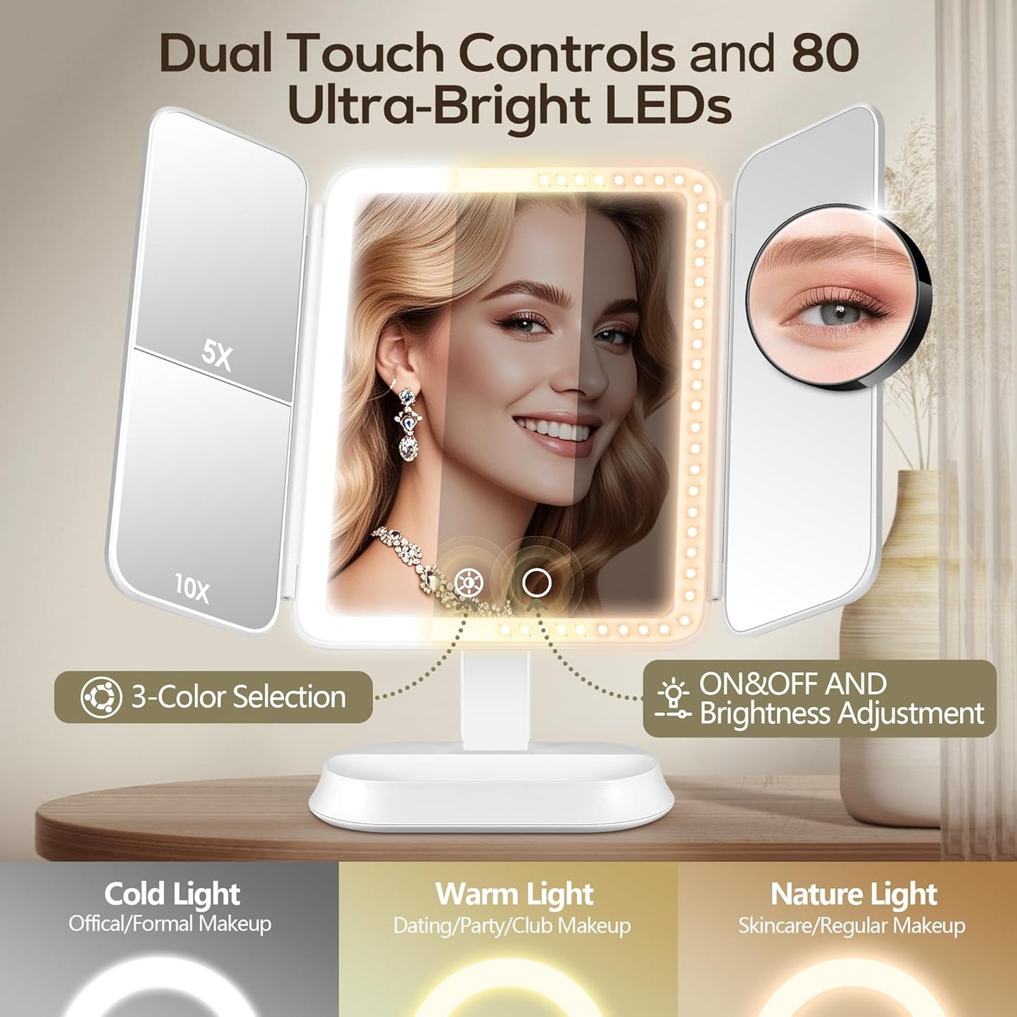 Makeup Mirror with Lights - 30X/10X/5X Magnification, Dimmable Trifold Vanity Mirror | Portable Travel Size