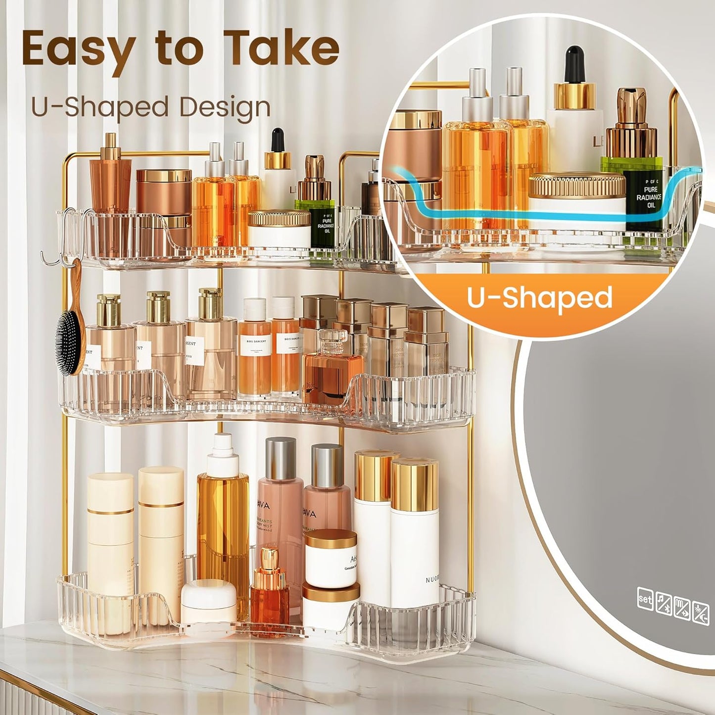 Corner Bathroom Counter Organizer - 3-Tier Storage Shelf with Hooks for Makeup & Skincare | Clear