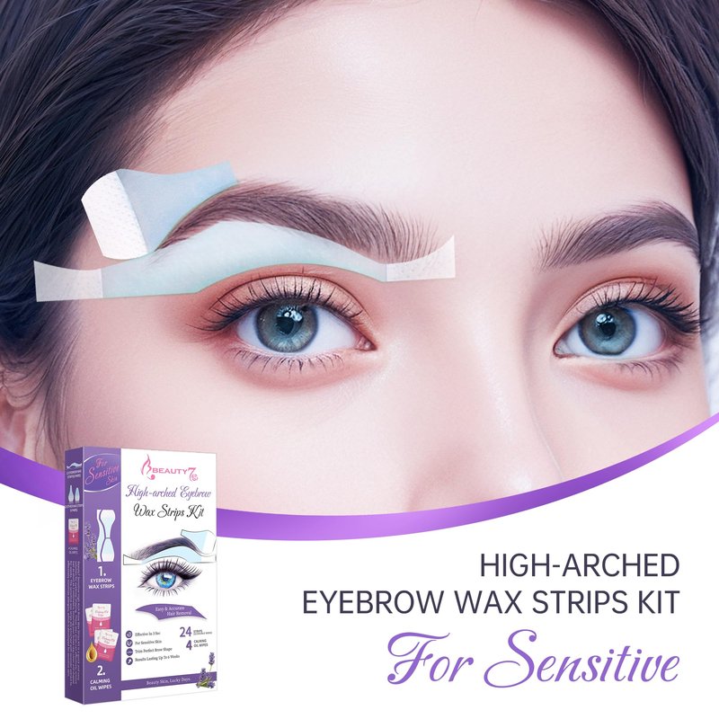 Beauty7 Sensitive High Arched Eyebrow Wax Strips, Facial Hair Removal, 24 Eyebrow Waxing Strips, 4 Calming Oil Wipes, for Sensitive Skin Types for Women (24 Strips)