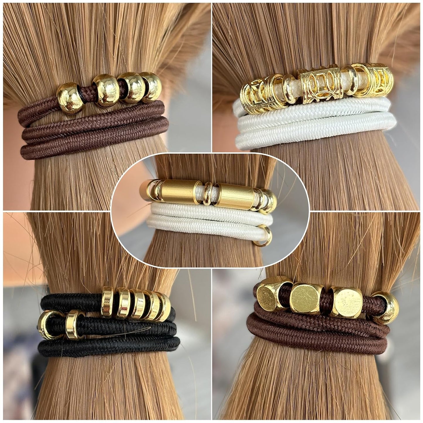 Black Hair Ties for Women - 5 Pack Elastic Ponytail Holders | 3mm Thick, No Damage, Beaded with Gold Charms