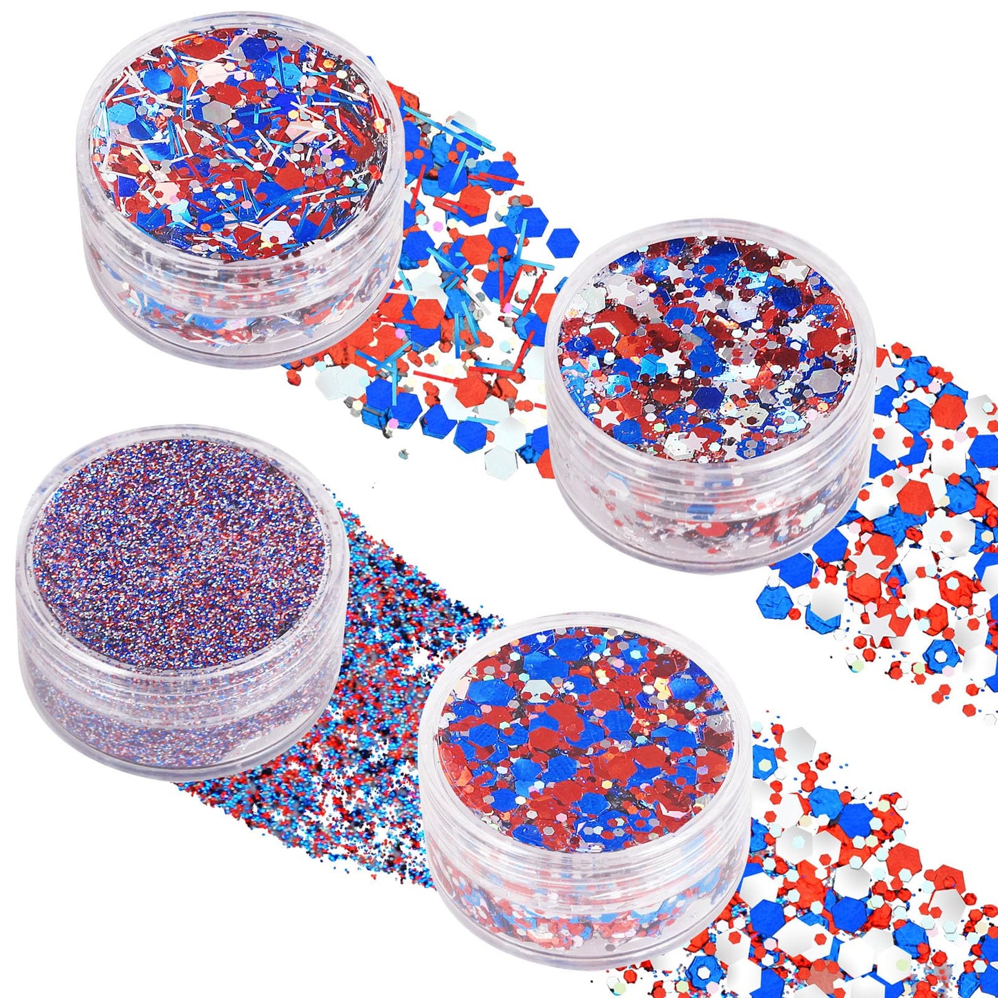 Paminify 4 Jars Red White Blue Hair Glitter,4th of July Body Face Glitter,USA Star Patriotic Sparkle Makeup for Football Games,Fourth of July Outfits for Women,Independence Day Accessories,40g/1.41 oz