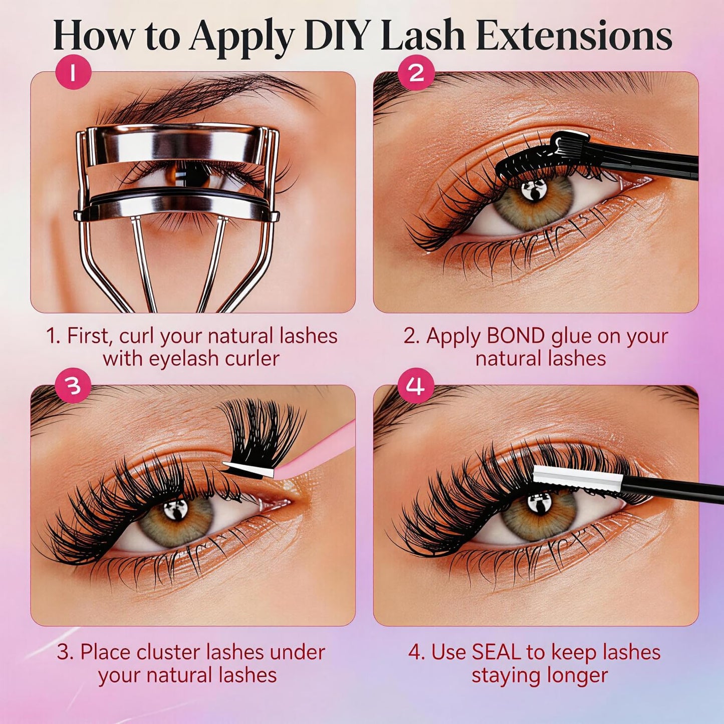 DIY Lash Extension Kit, 280PCS 60D Individual Cluster Lashes, Mixed Length 9–15mm, Bond and Seal with Applicator, At Home Lash Extensions for Natural Full Volume Look