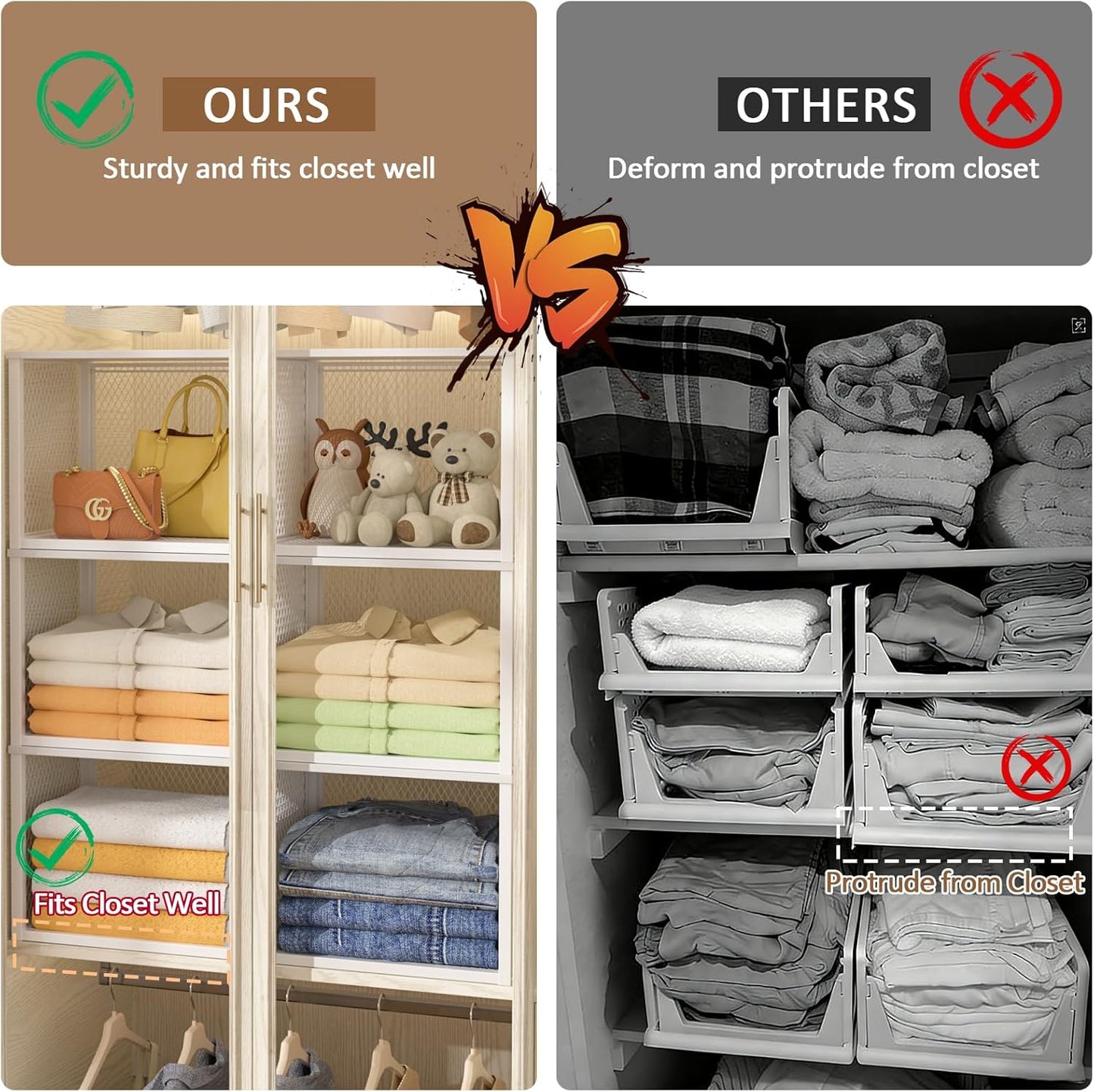Stackable Closet Organizers - 3 Pack Storage Baskets with Wood Top | Multifunctional Clothes Organizer for Wardrobe, Kitchen, Laundry Room - White
