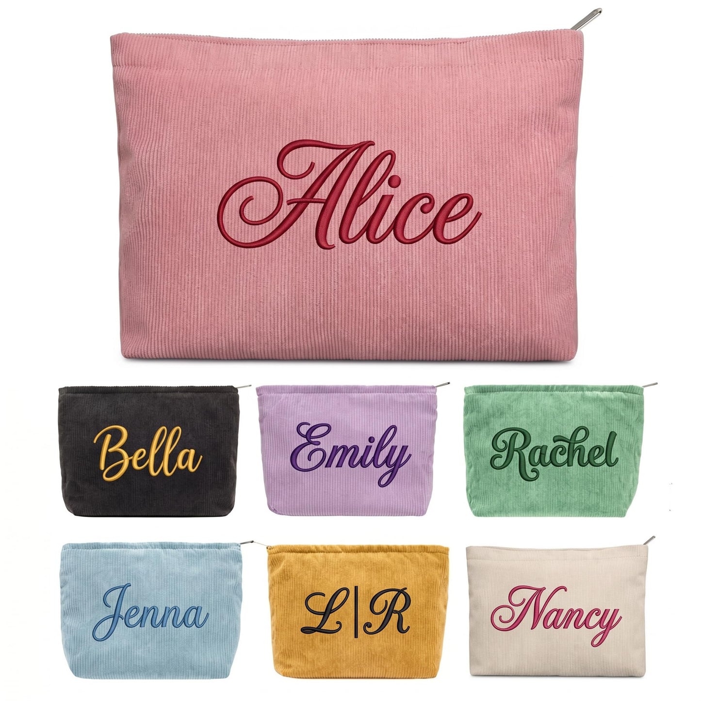 Taikuri Personalized Corduroy Makeup Bag Custom Embroidered Cosmetic Pouch with Name, Travel Pouch for Women, Bridesmaid Gift, Wedding Bachelorette Party Favor
