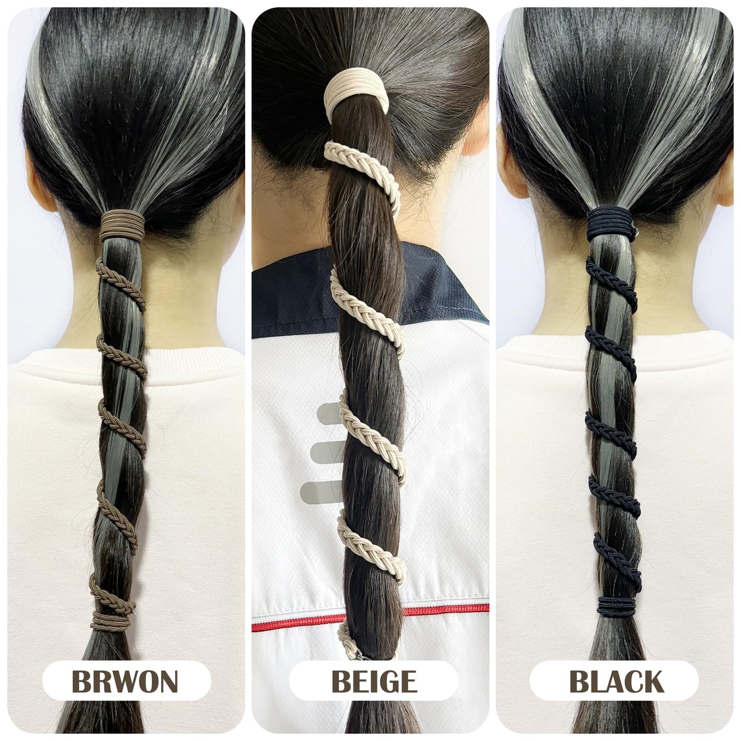 Spiral Hair Tie Sprots Ponytail Holders, 3 Packs 16" Elastic Braided Hair Ties No Damage, Pony Tail Wrap for Long Hair for Gym, Swimming, Diving Black Blonde Brown
