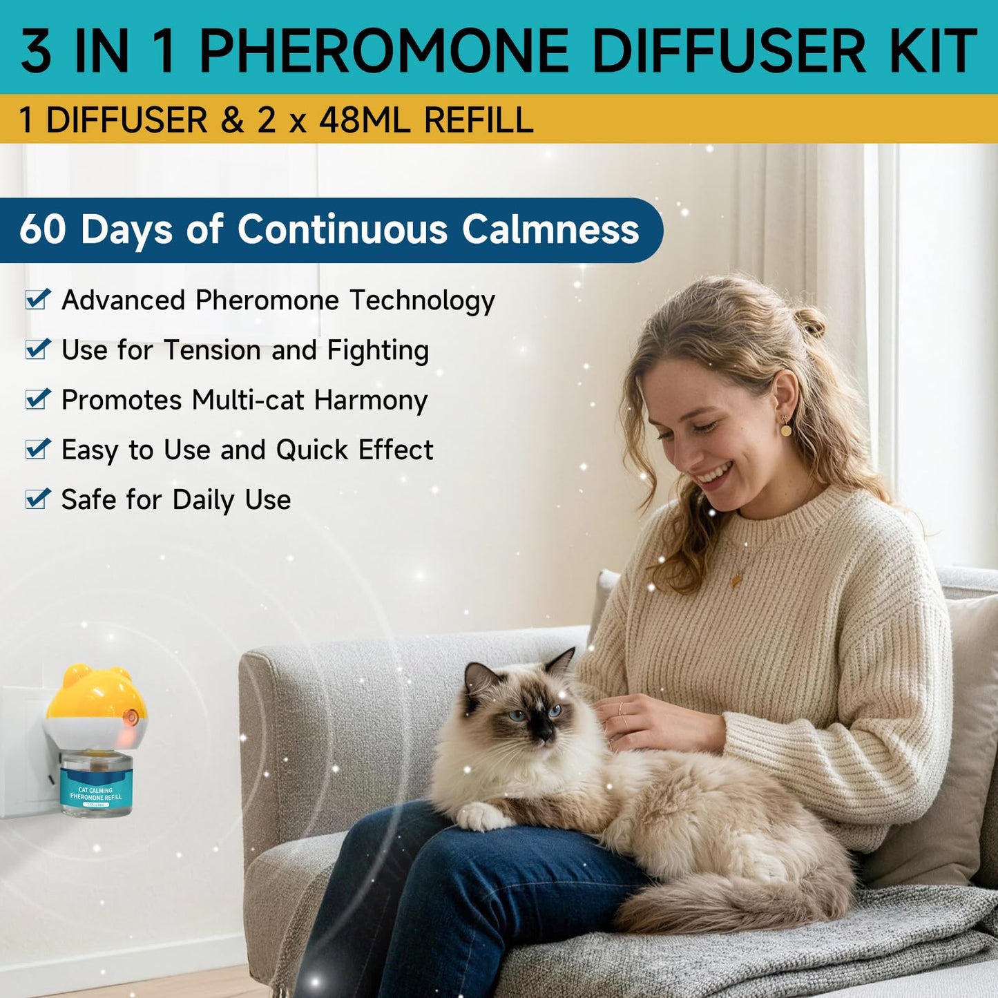 3-in-1 Cat Calming Diffuser, Cat Pheromones Calming Diffuser for Cat Anxiety Relief, Cat Pheromone Diffuser with 1 Diffuser + 2 Refills 48ml Vial, 60 Days Pheromone Diffuser to Calm Cats & Multi-cat